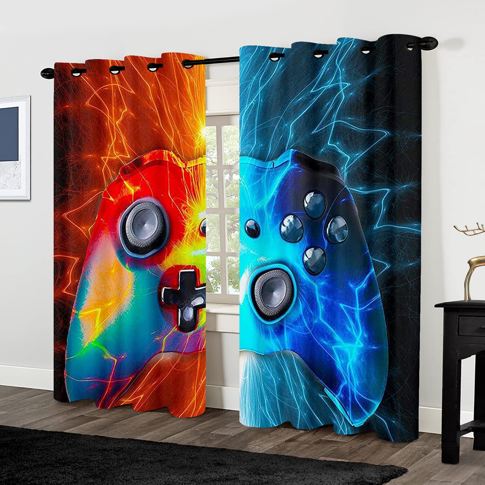 Gamer Room Blackout Curtains for Boys & Teens - Video Game Controller Design Thermal Insulated Window Drapes (2 Panels) - Perfect for Bedroom, Living Room & Gaming Setup