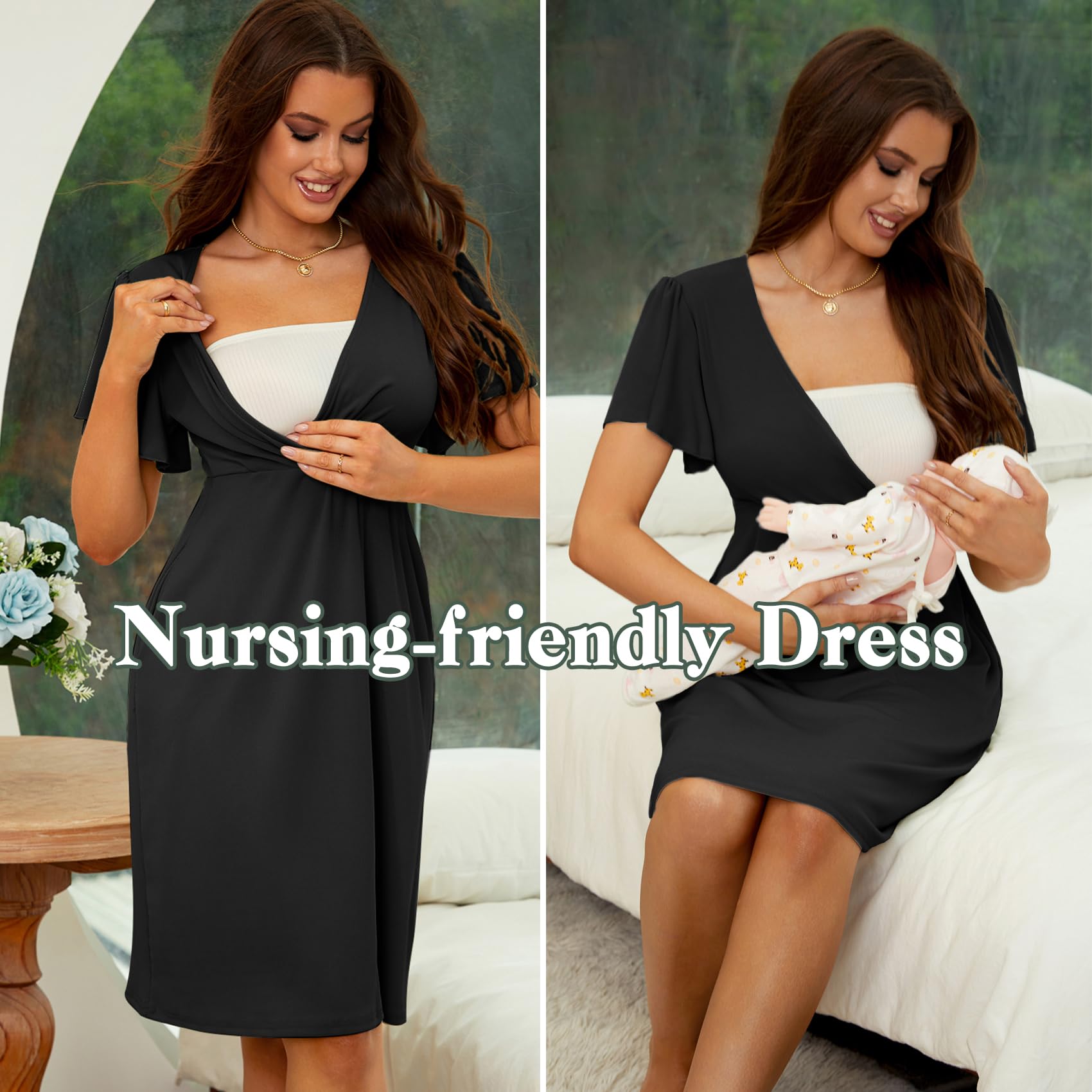 2024 Summer Maternity Nursing Dress with Pockets - Breastfeeding Dress for Baby Shower, Wedding Guest & Pregnancy - Floral Ruffle Sleeves A-Line Midi Dress for Comfortable Nursing & Special Occasions