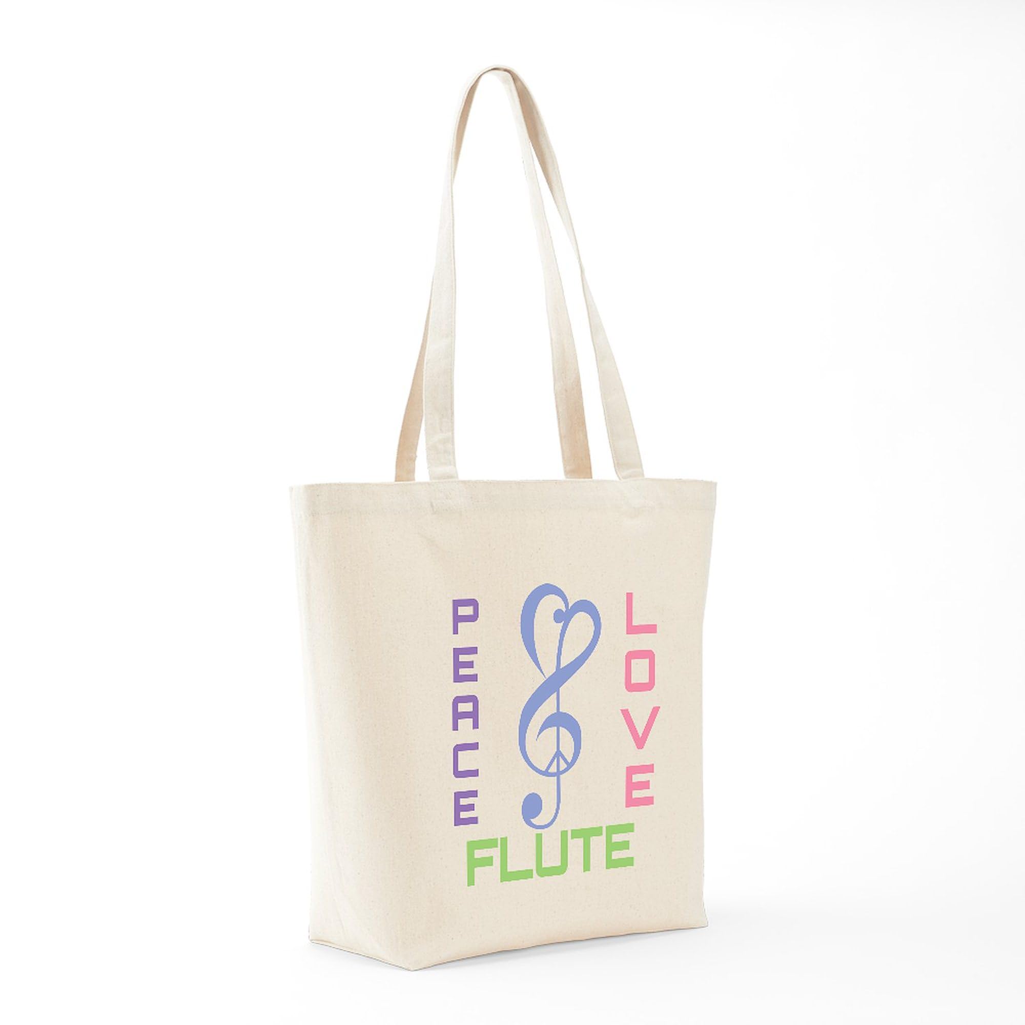 Peace Love Flute Music Tote Bag - Natural Canvas Reusable Shopping Bag for Groceries, Beach, Work & School | Eco-Friendly Cotton Carryall