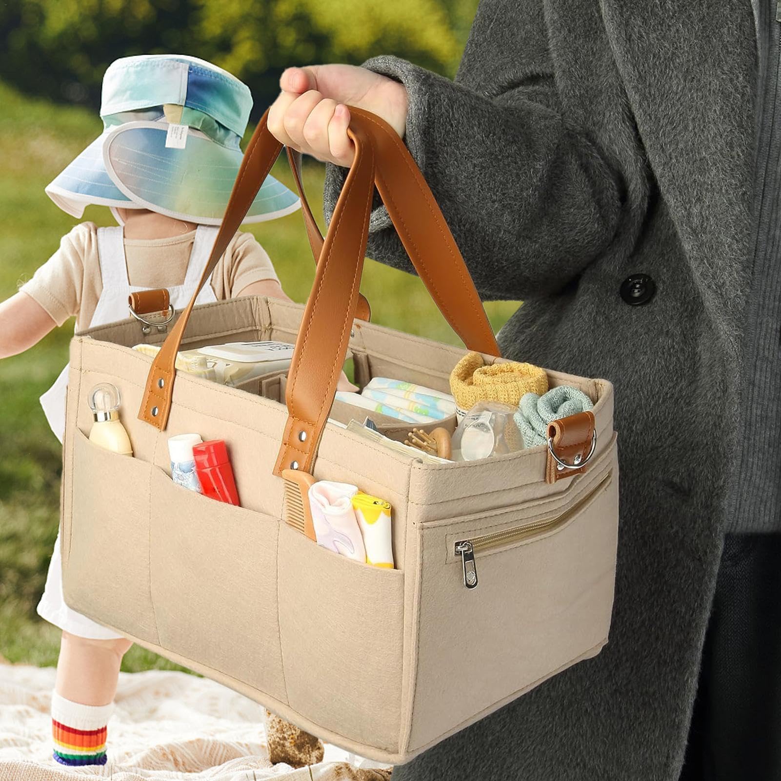 Large Capacity Felt Diaper Organizer Bag - Baby Travel Storage & Diaper Caddy for Moms | Perfect for On-the-Go Parenting, Daycare, and Family Trips