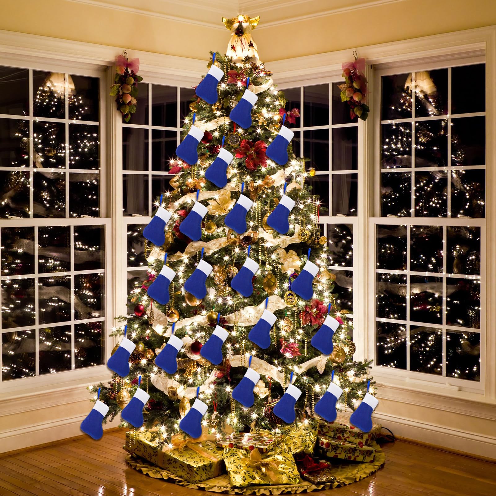 50 Pcs Mini Christmas Stockings Bulk - 5.9 x 3.2 Inch Holiday Decorations for Xmas Tree, Office, School & Church (Blue & White) - Perfect for Gift Exchange, Charity Donations & Festive Decorating