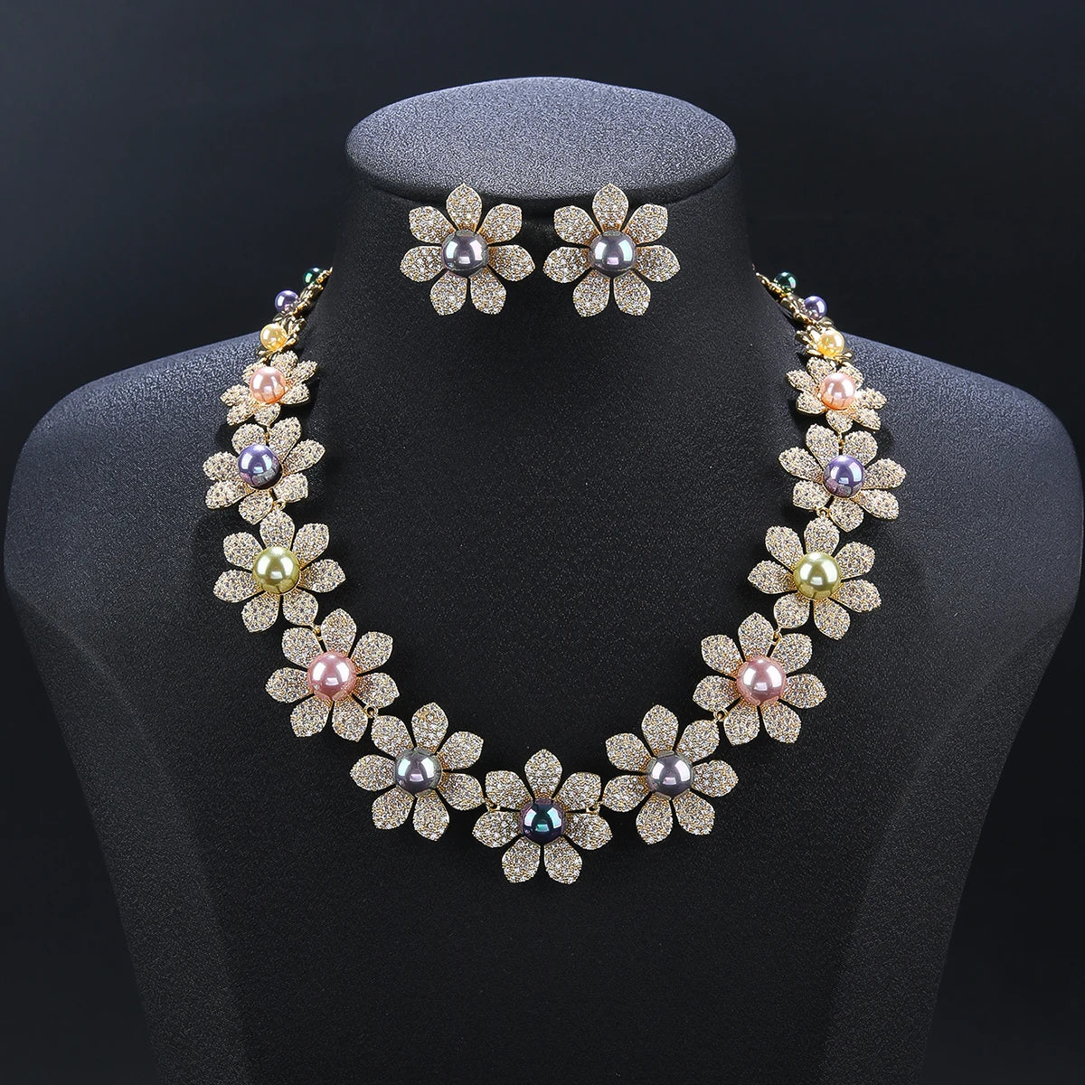 Luxury Cubic Zirconia Pearl Flower Necklace & Earrings Set - Bridal Wedding Jewelry for Women - Perfect for Weddings, Anniversaries & Special Occasions