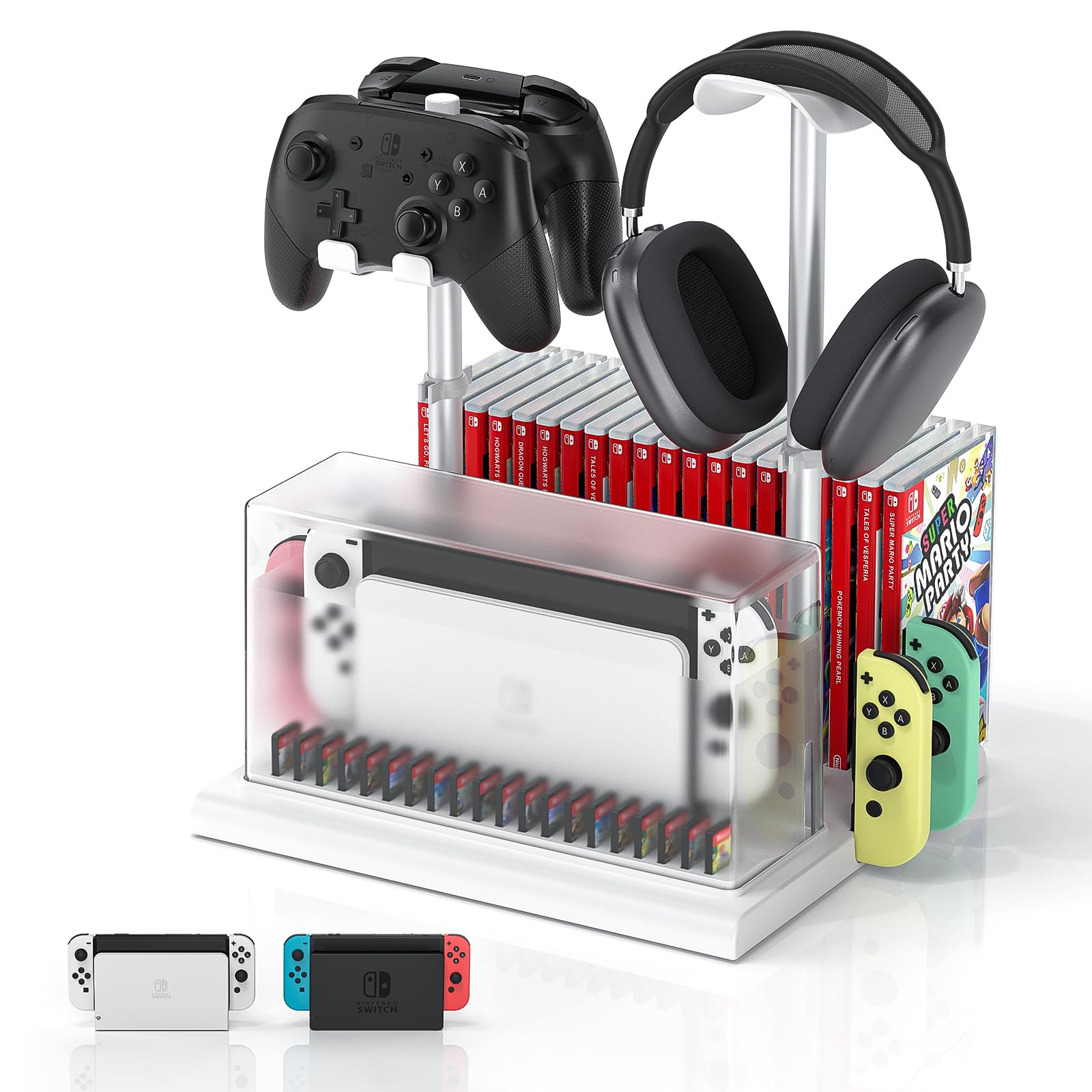 Nintendo Switch & OLED Stand with Controller & Headphone Holder - Switch Game Storage Organizer with Dust Cover for TV Dock - Perfect Gaming Accessories Gift for Gamers - Ideal for Bedroom, Living Room & Game Room Setup