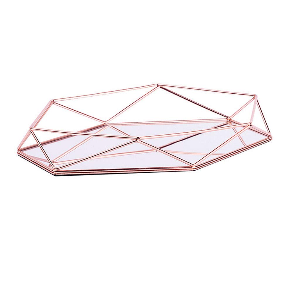 Luxury Rose Gold Hexagonal Metal Mirrored Decorative Tray - 3D Ornate Storage Organizer for Jewelry, Cosmetics & Vanity | Nordic Style Desktop Tray for Home Decor, Bathroom & Dressing Table