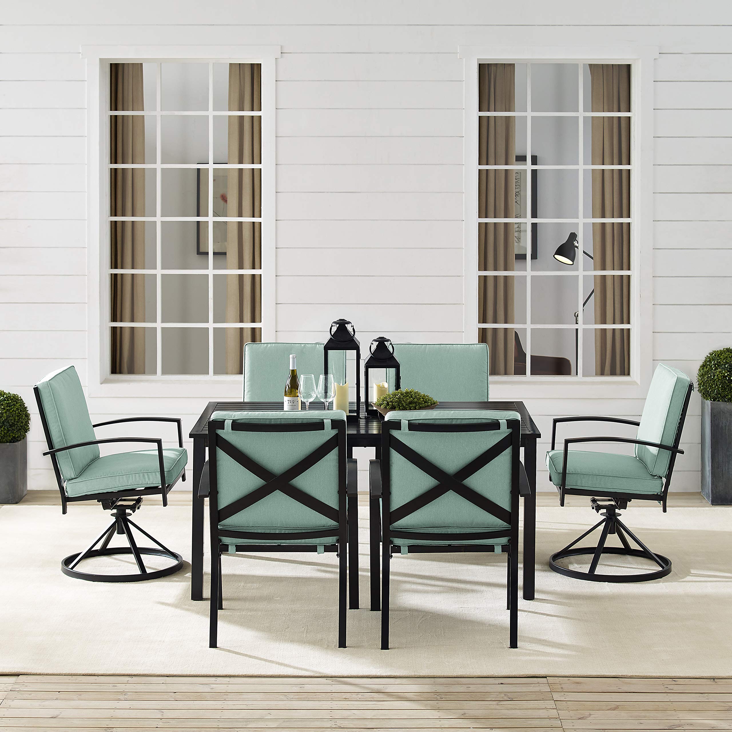 Crosley Furniture Kaplan 7-Piece Outdoor Dining Set for 6 - Patio Table and Chairs in Oiled Bronze with Mist Cushions - Perfect for Backyard, Deck, Garden, and Outdoor Entertaining