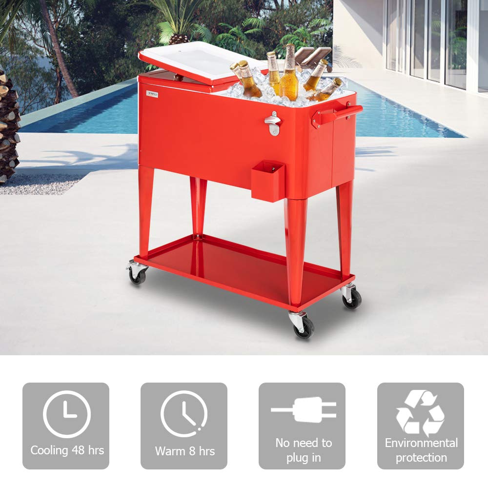 VINGLI 80 Quart Rolling Cooler with Wheels - Portable Outdoor Party Drink Cooler Cart with Shelf, Bottle Opener & Water Pipe - Perfect for Beach, Camping, Tailgating and Backyard BBQs