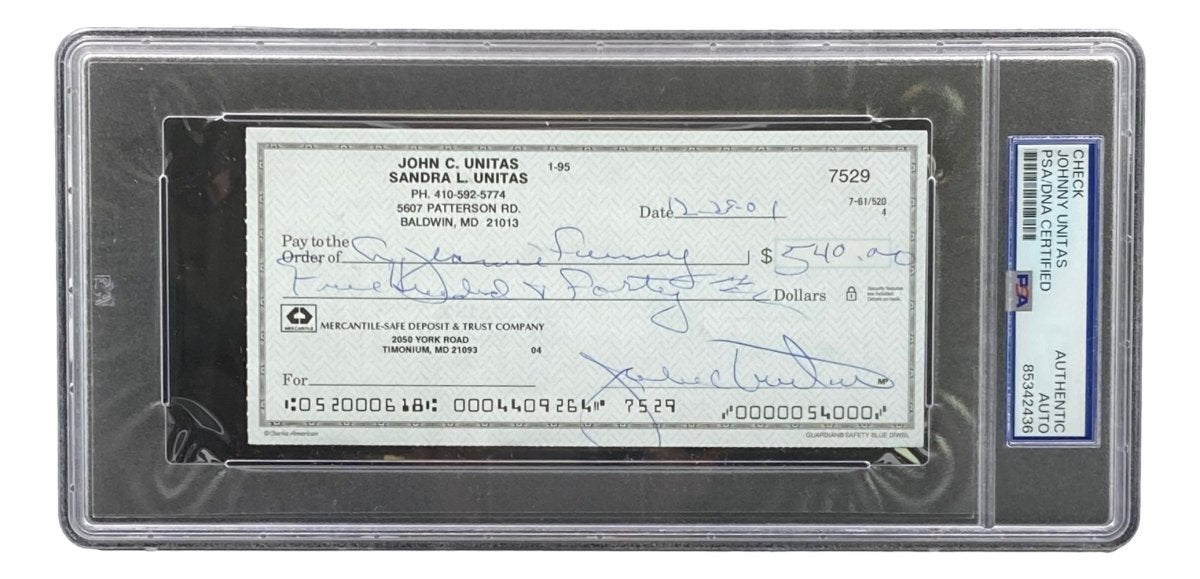 Johnny Unitas Baltimore Colts Autographed Signed Bank Check #7529 PSA/DNA Certified - Rare Football Memorabilia for Collectors & Sports Fans Display