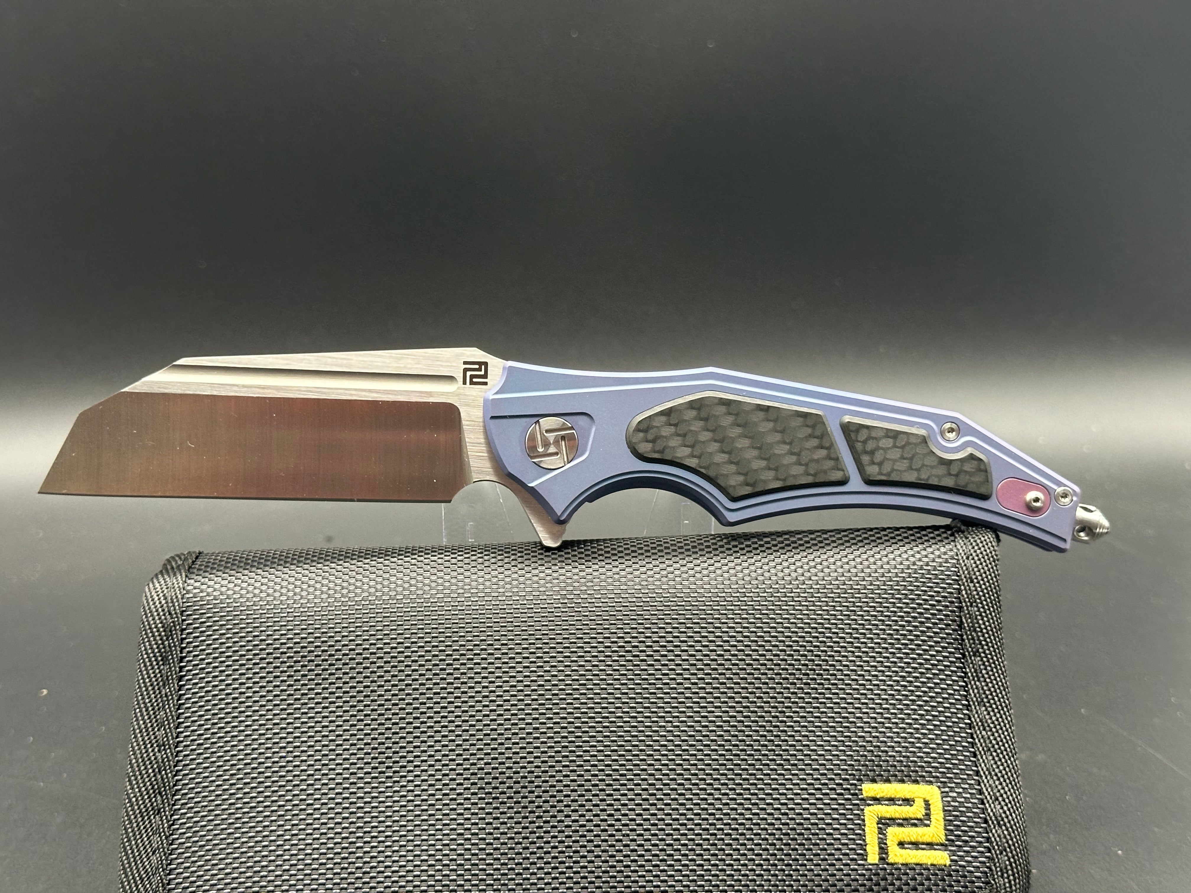 Artisan Cutlery Apache S35VN Wharncliffe Folding Knife - Satin Finish, Blue Titanium Handle with Carbon Fiber Inlays - EDC, Outdoor, Camping & Survival Tool