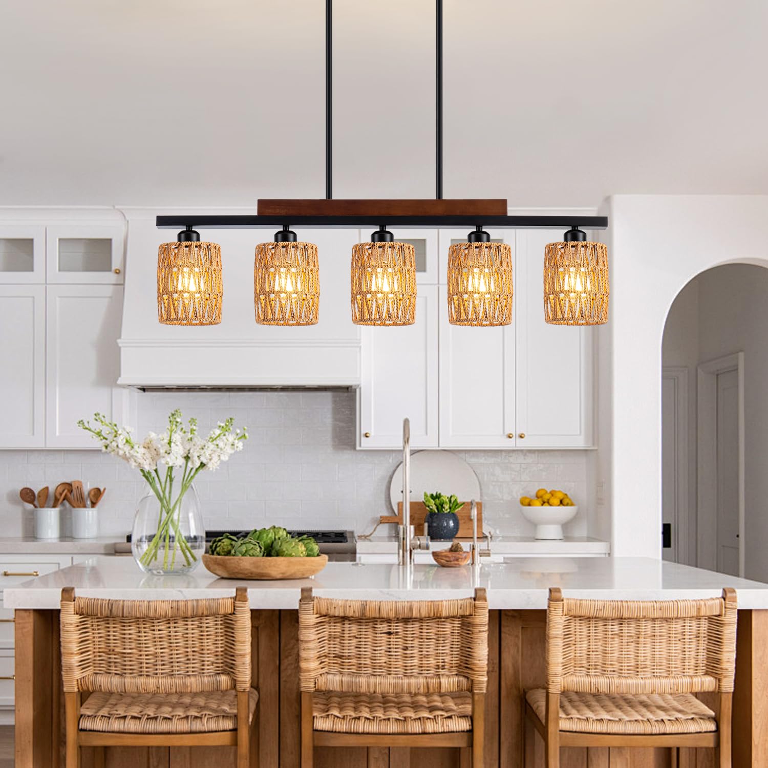 Rustic Rattan Farmhouse Chandelier - 5-Light Boho Dining Room Pendant Light with Adjustable Height, Wood & Matte Black Linear Hanging Fixture for Kitchen Island, Dining Table, or Living Room Decor