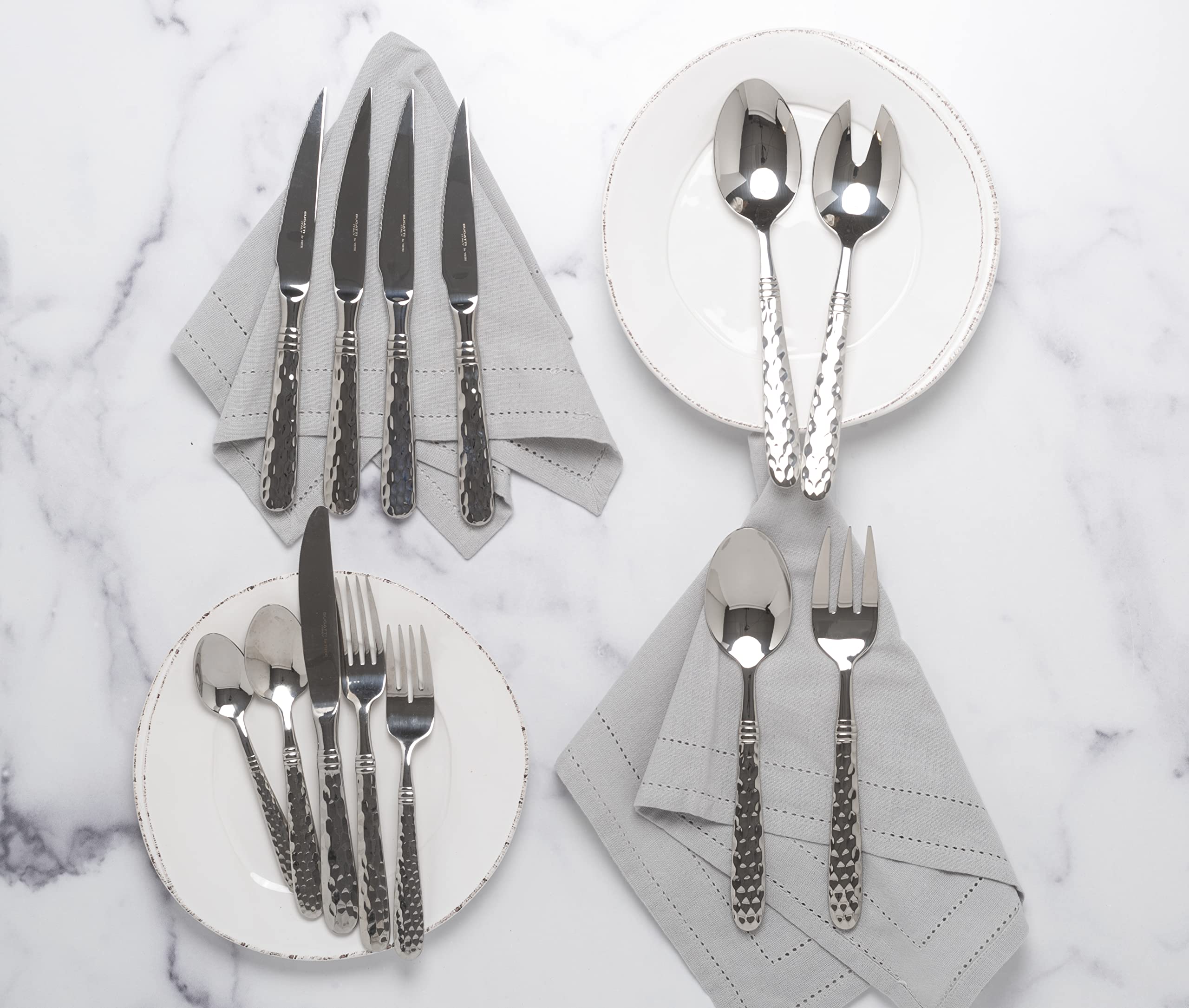 Vietri Martellato Silver 5-Piece Stainless Steel Flatware Set - Premium 18/10 Handcrafted Cutlery for Fine Dining, Wedding Gifts & Elegant Table Settings