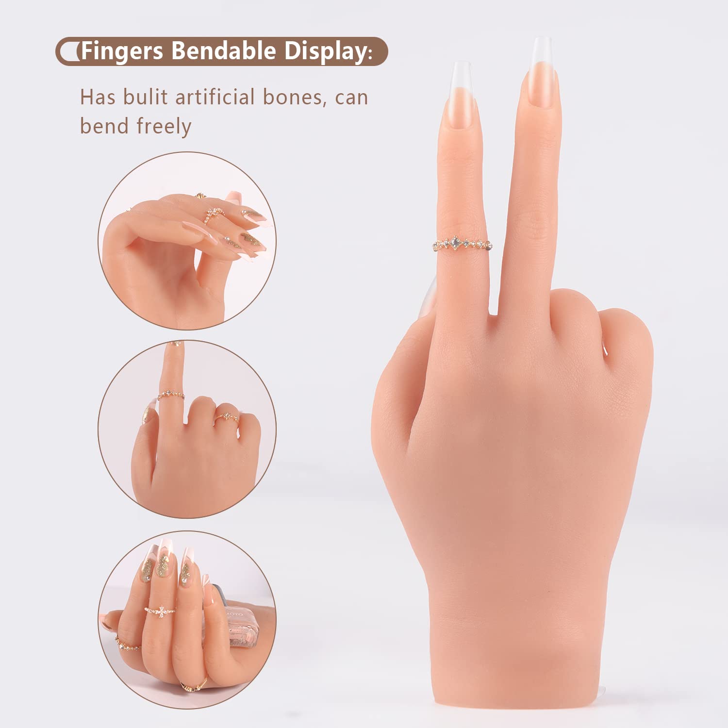 Professional Acrylic Nail Practice Hand - Realistic 22cm Flexible Silicone Mannequin Hand with 528PCS Nails for Nail Art Training, Jewelry Display & Ring Photography (Right Hand, Bronze) - Perfect for Salon Students, DIY Enthusiasts & Jewelry Sellers