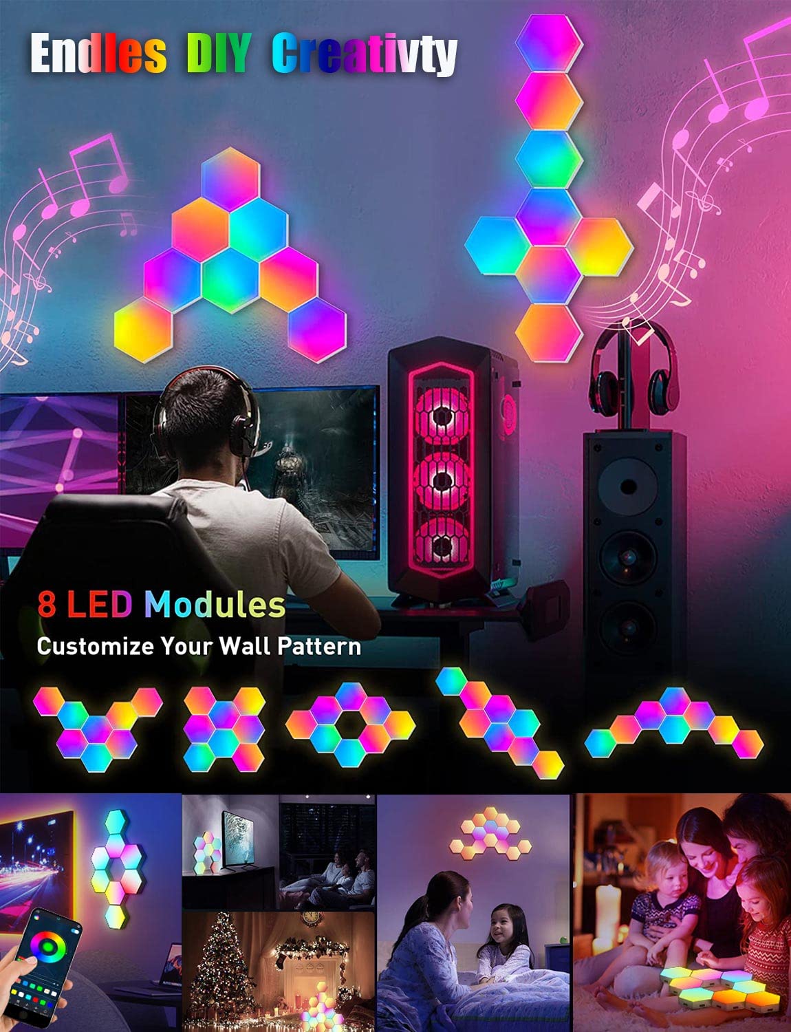 Selfila Music Sync DIY Hexagon Lights - Smart RGB Wall Light with App & Remote Control, Hexagonal Modular Gaming LED Panels for Bedroom, Kids Room Decor (8 Pack) - Perfect for Gaming Setups, Party Lighting & Home Decoration