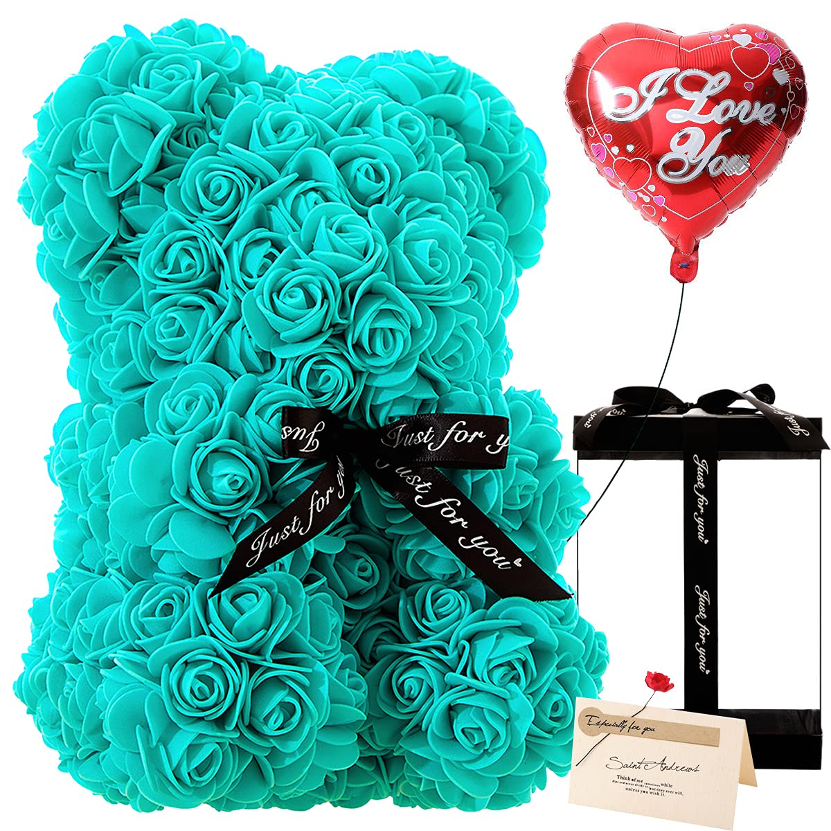 Handmade Rose Teddy Bear Gift for Women - Romantic Rose Flower Bear with Clear Gift Box & Greeting Card - Perfect for Valentine's Day, Mother's Day, Anniversary & Bridal Showers (Tiffany Blue) - Ideal for Romantic Surprises, Wedding Decor & Special Occasion Gifts