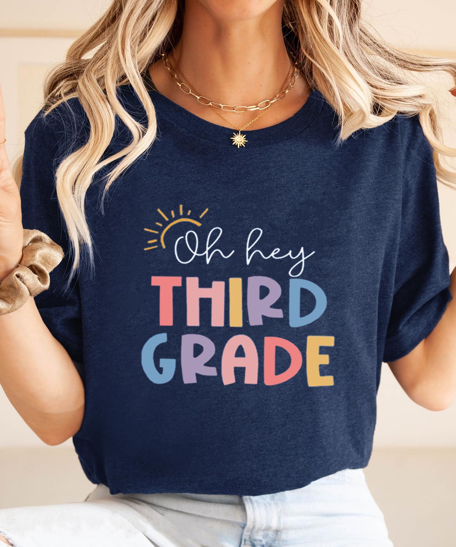 Funny First Day of School Teacher T-Shirts for Women - Cute Letter Print Back to School Outfits - Perfect for Classroom, Teacher Appreciation & School Events