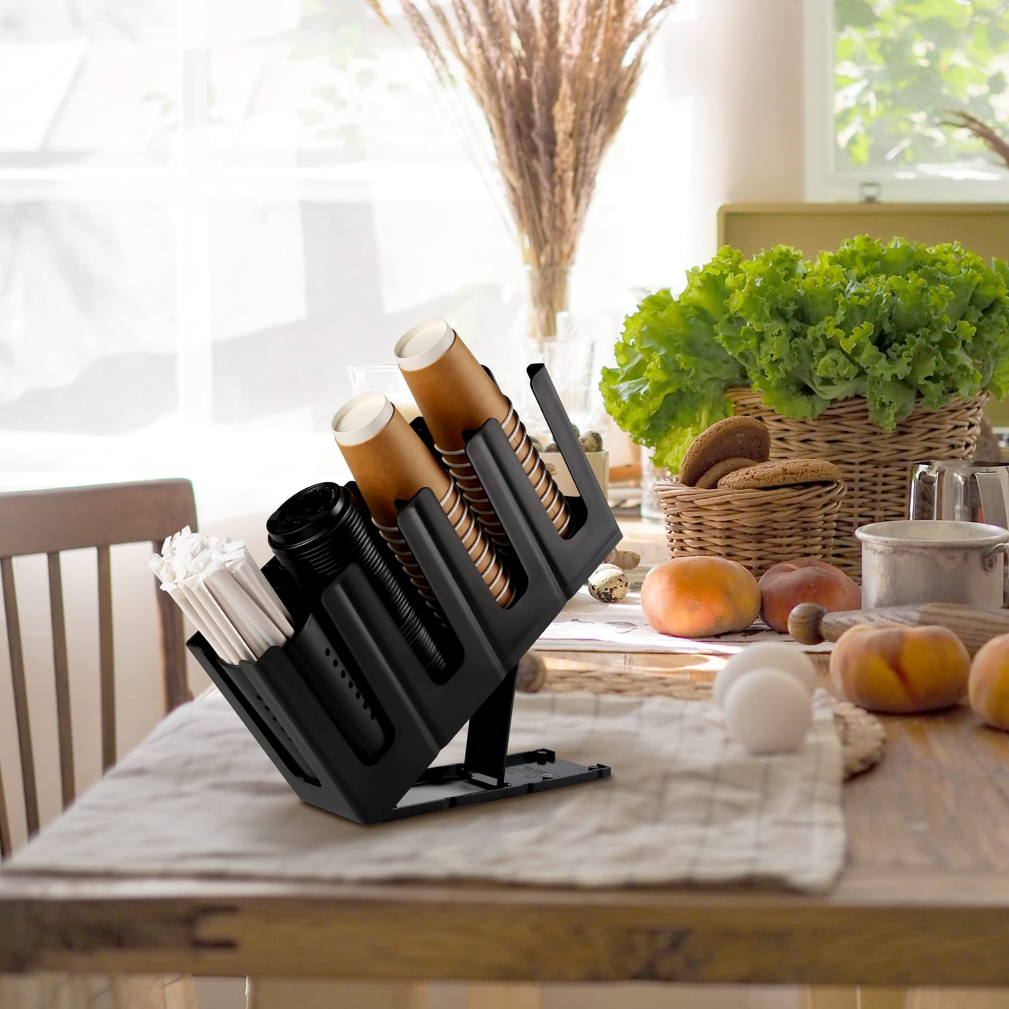 Black Disposable Coffee Cup and Lid Holder with Straw Organizer - Countertop Dispenser for Coffee Station, Bar, Restaurant & Breakroom - Perfect for Quick Service, Office Coffee Setup & Home Use