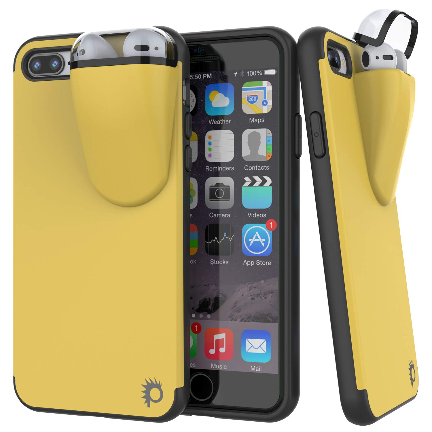 Punkcase iPhone 8 Plus Case with AirPods Holder - Slim & Durable 2-in-1 Protective Cover for iPhone 8 Plus (5.5 Inch) - Compatible with AirPods 1st & 2nd Generation - Yellow | Perfect for Gym, Travel & Everyday Use