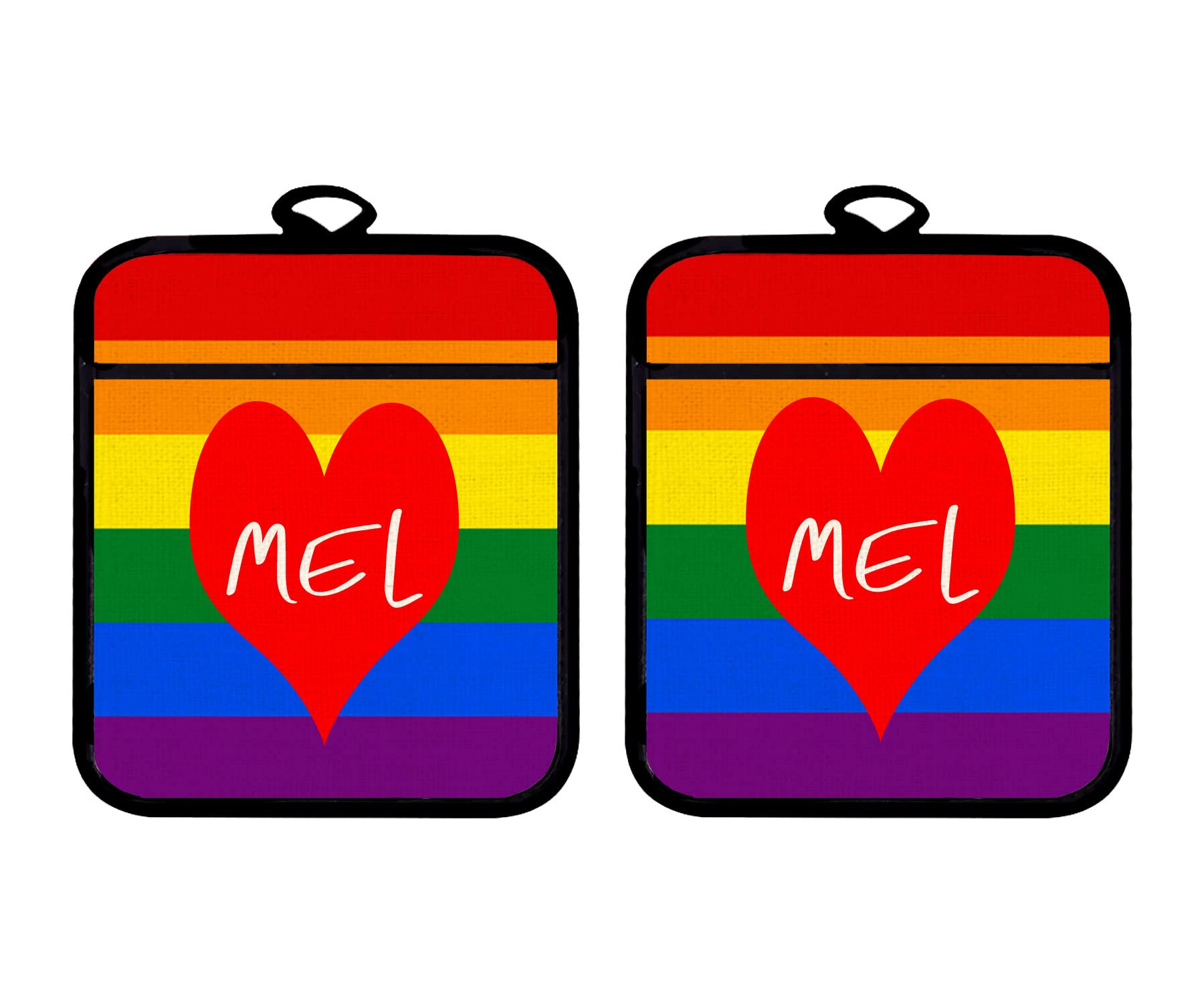 Personalized Custom Name Heart LGBT Flag Linen Oven Mitt and Potholder Set by Bleu Reign - Perfect for Baking, Cooking & Kitchen Decor (Gift Idea)