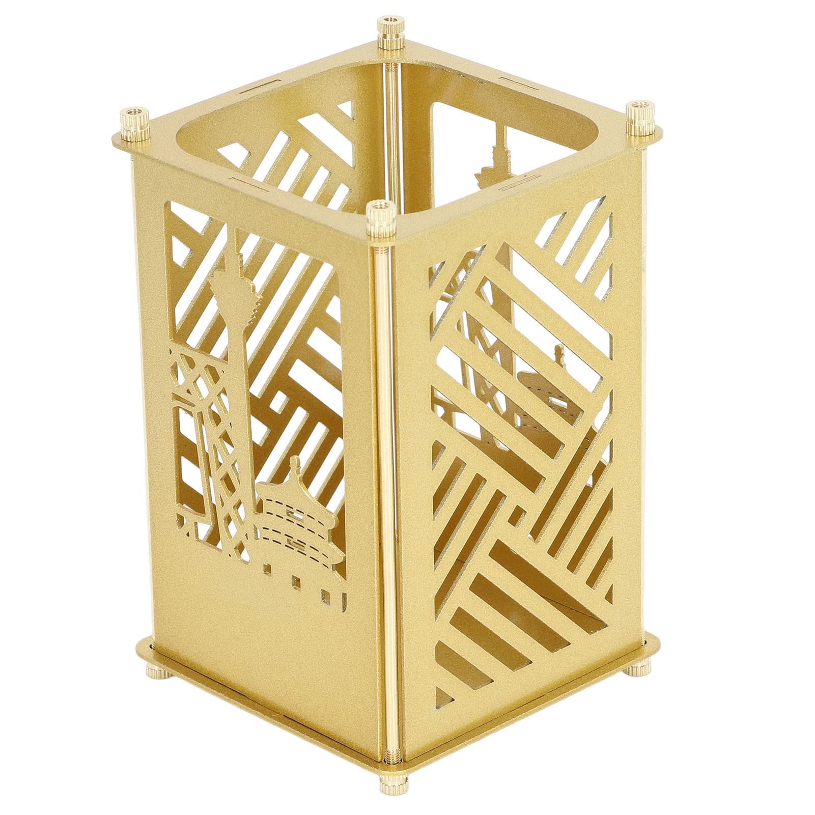 Gold Plated Metal Pen Holder with Beijing Pattern - DIY Assembled Pencil Organizer for Home, Office & School Desk - Perfect for Organizing Pens, Pencils & Stationery on Work Desks, Study Tables & Office Spaces