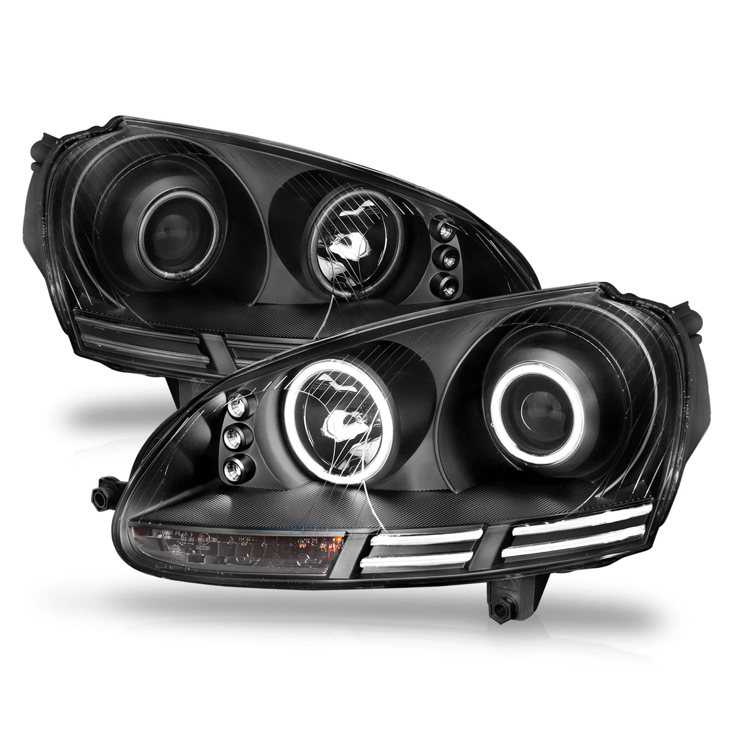 AmeriLite CCFL Halo Black Headlights for Volkswagen Rabbit (Golf) / Jetta Gen5 / Wagon - Left & Right Side Replacement - Perfect for Night Driving & Car Customization