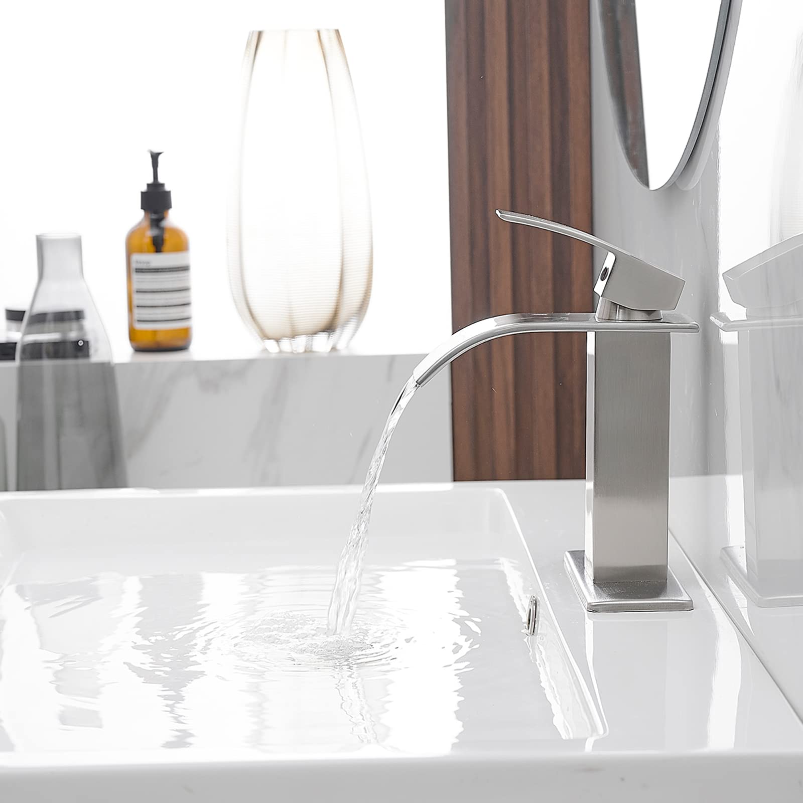 BWE Brushed Nickel Waterfall Bathroom Faucet - Single Handle Vanity Sink for Modern Bathrooms