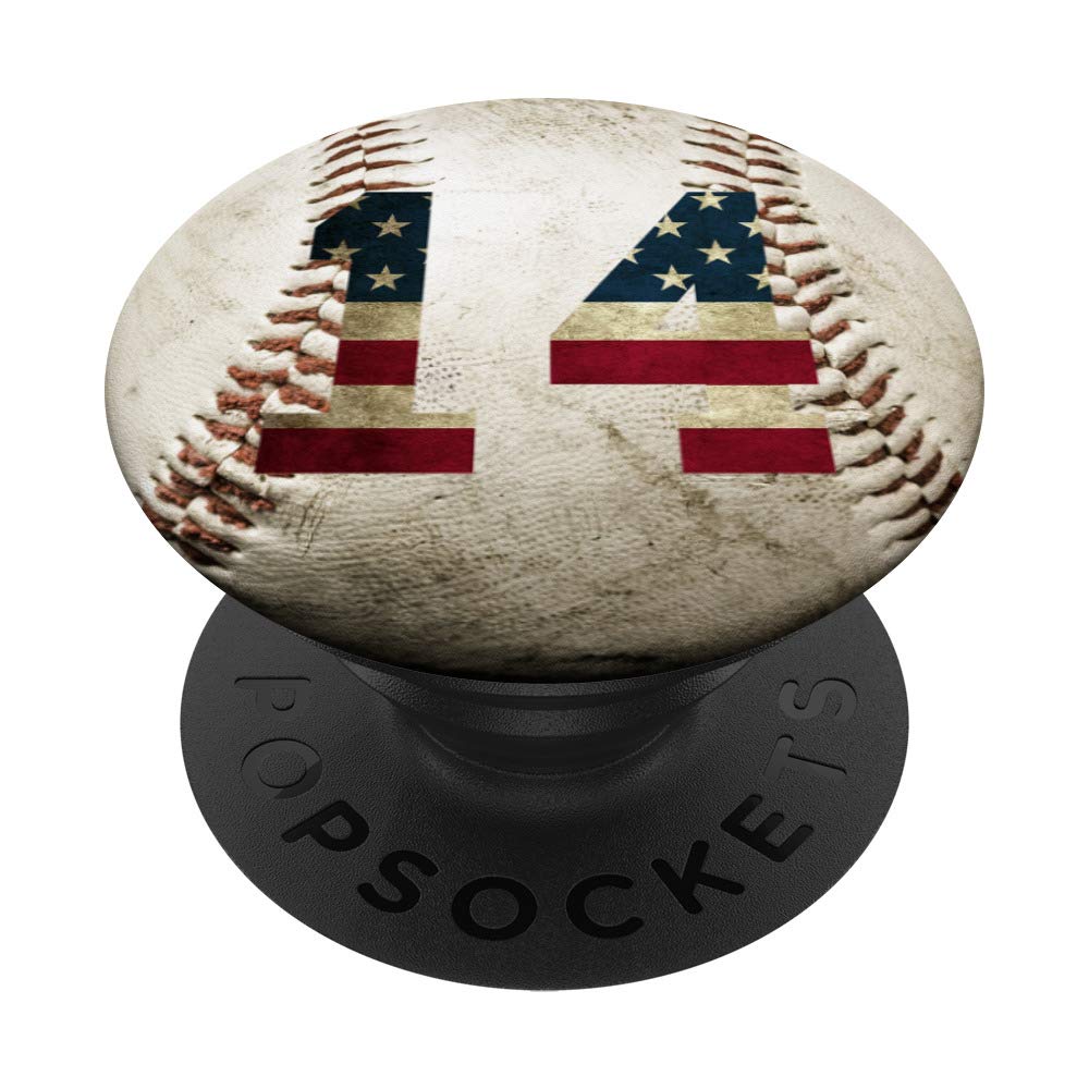 Baseball Number 14 with American Flag Phone Stand - Swappable PopSockets PopGrip for iPhone, Samsung & Tablets | Perfect for Baseball Fans, Patriotic Decor & Phone Protection