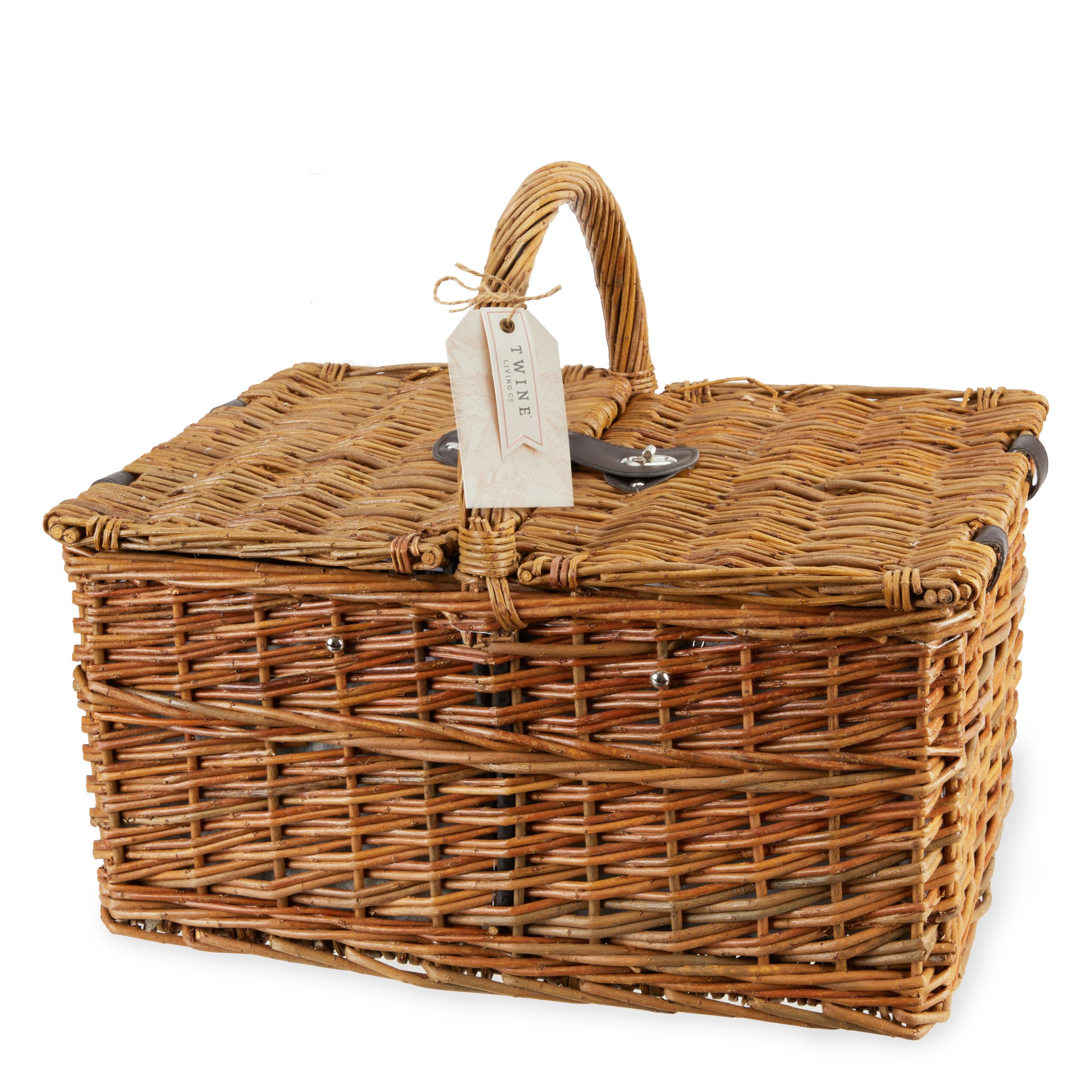 Twine Cape Cod Wicker Picnic Basket Set for 4 with Insulated Compartments - Includes Silverware, Plates, Napkins, Wine Glasses & Accessories | Perfect for Outdoor Dining, Beach Picnics, Camping & Garden Parties