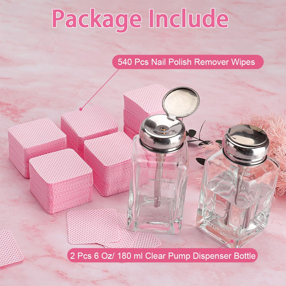 2 Pcs 180ml/6oz Empty Nail Polish Remover Pump Dispenser Bottles with 540PCS Lint-Free Nail Wipes - Refillable Glass Containers for Acetone, Alcohol & Makeup Remover - Perfect for Salon, Home Manicure & Travel Nail Care