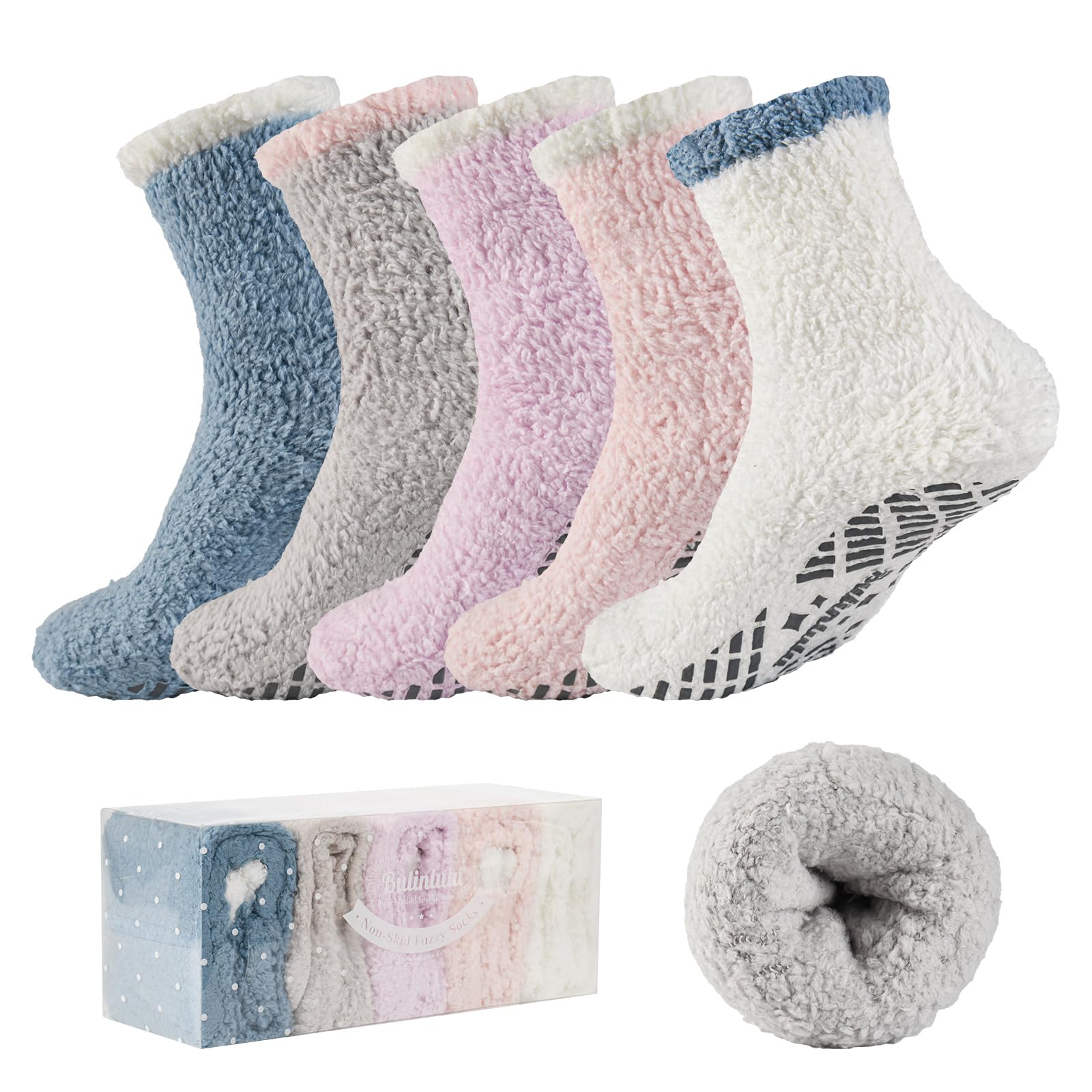 Bulinlulu Women's Non-Slip Fuzzy Socks with Grips - 5 Pairs Warm Fluffy Slipper Socks for Indoor & Outdoor Wear - Cozy Winter Socks for Home, Office, and Travel