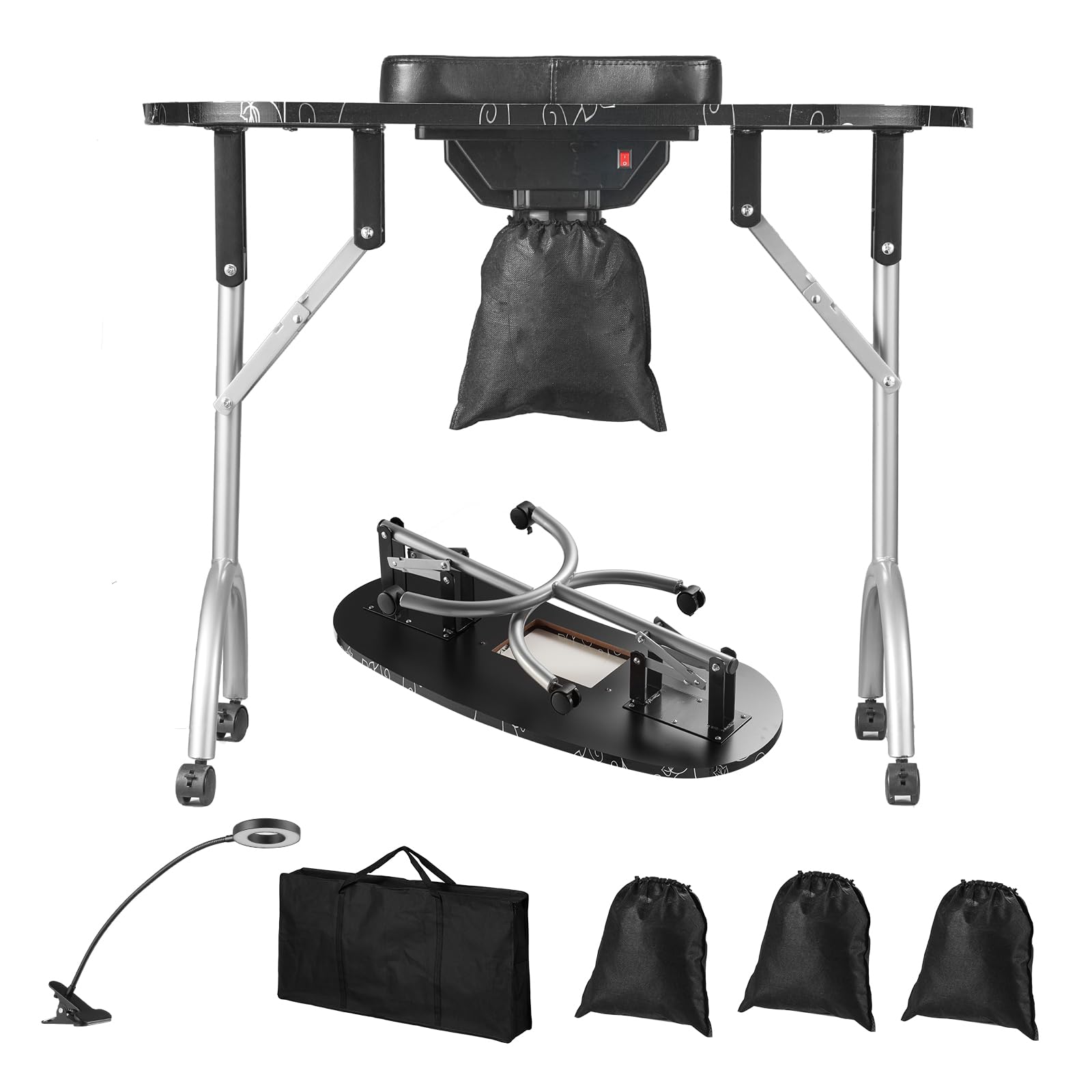 VEVOR Portable Foldable Nail Table with Electric Dust Collector - Mobile Nail Tech Desk with 4 Wheels, 3 Dust Bags & Adjustable LED Light - MDF Nail Art Station for Salon, Spa & Home Use | Perfect for Professional Nail Technicians & DIY Manicures at Home