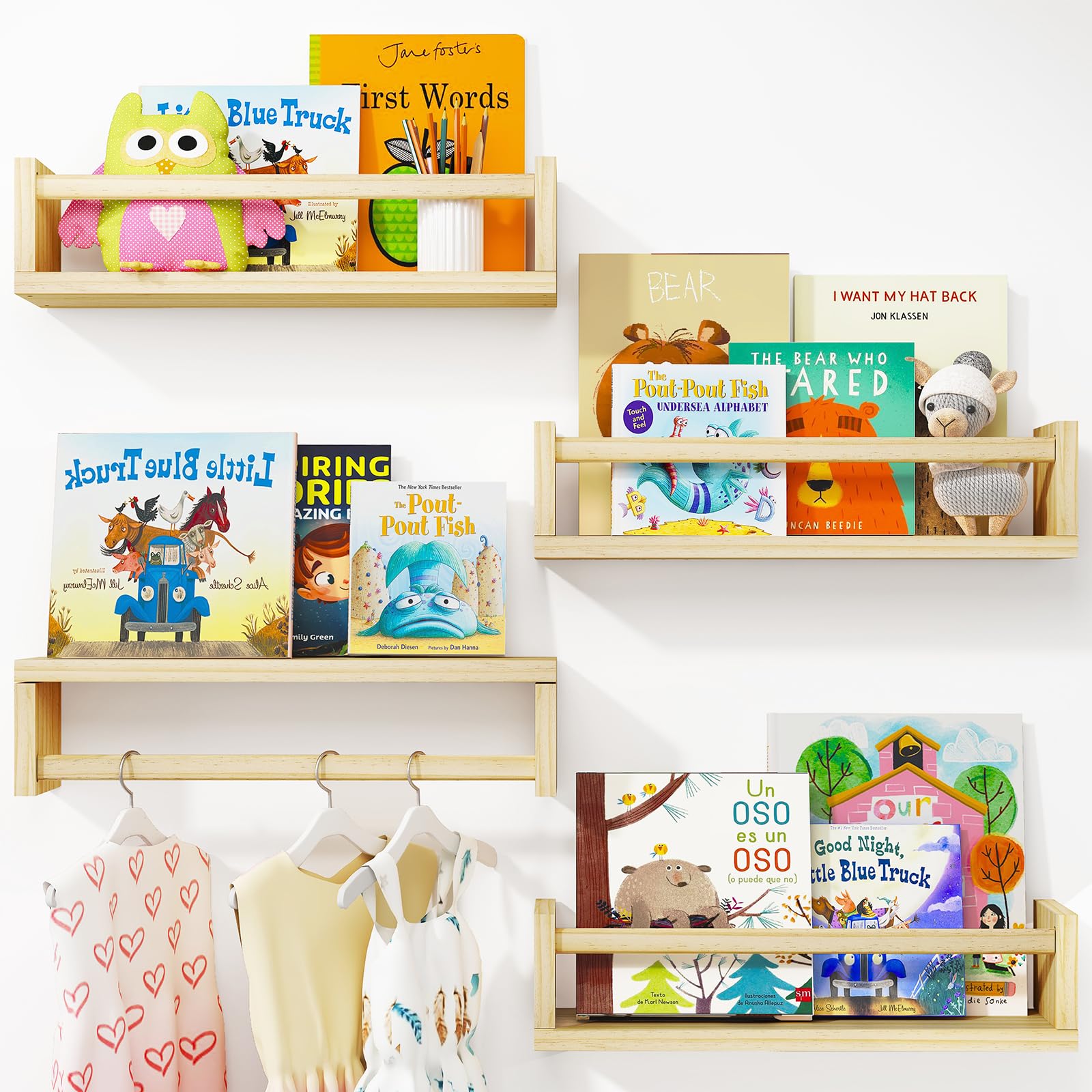 Fixwal 16.5 Inch Floating Bookshelves Set of 4 - Solid Wood Wall Mounted Nursery Shelves for Books & Toys Storage - Natural Wood - Perfect for Kids Room, Playroom & Classroom Organization