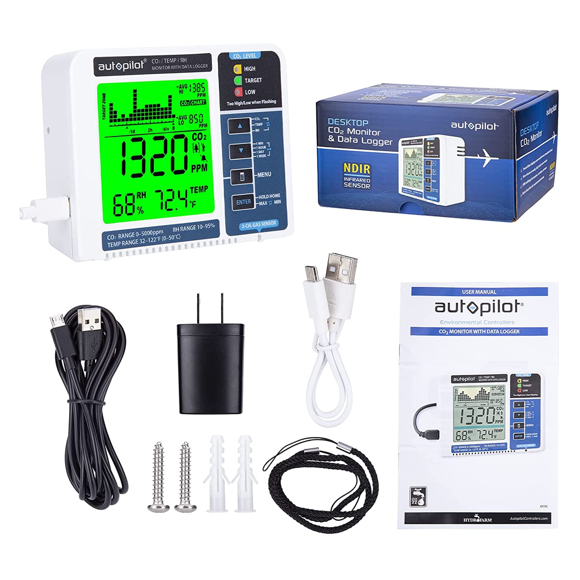 Hydrofarm Autopilot Desktop CO2 Monitor & Data Logger - Indoor Air Quality Meter for Grow Rooms, Greenhouses & Offices | Tracks CO2 Levels, Temperature & Humidity