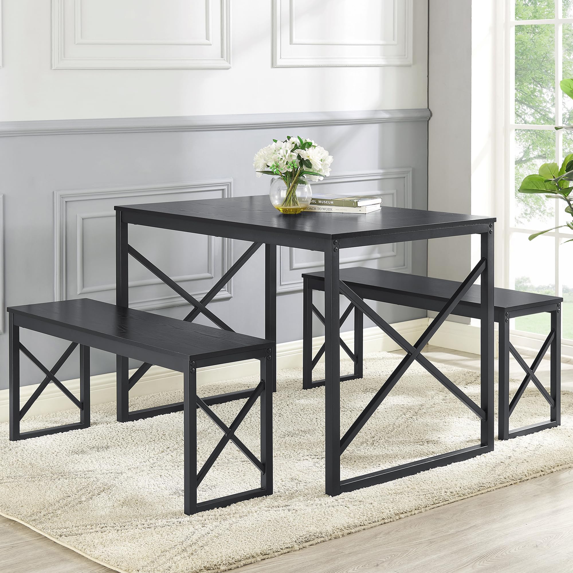VECELO 4-Person Wood Dining Table Set with 2 Benches, Black Metal Frame Kitchen Table for Small Spaces - Perfect for Breakfast Nook, Apartment Dining & Compact Homes