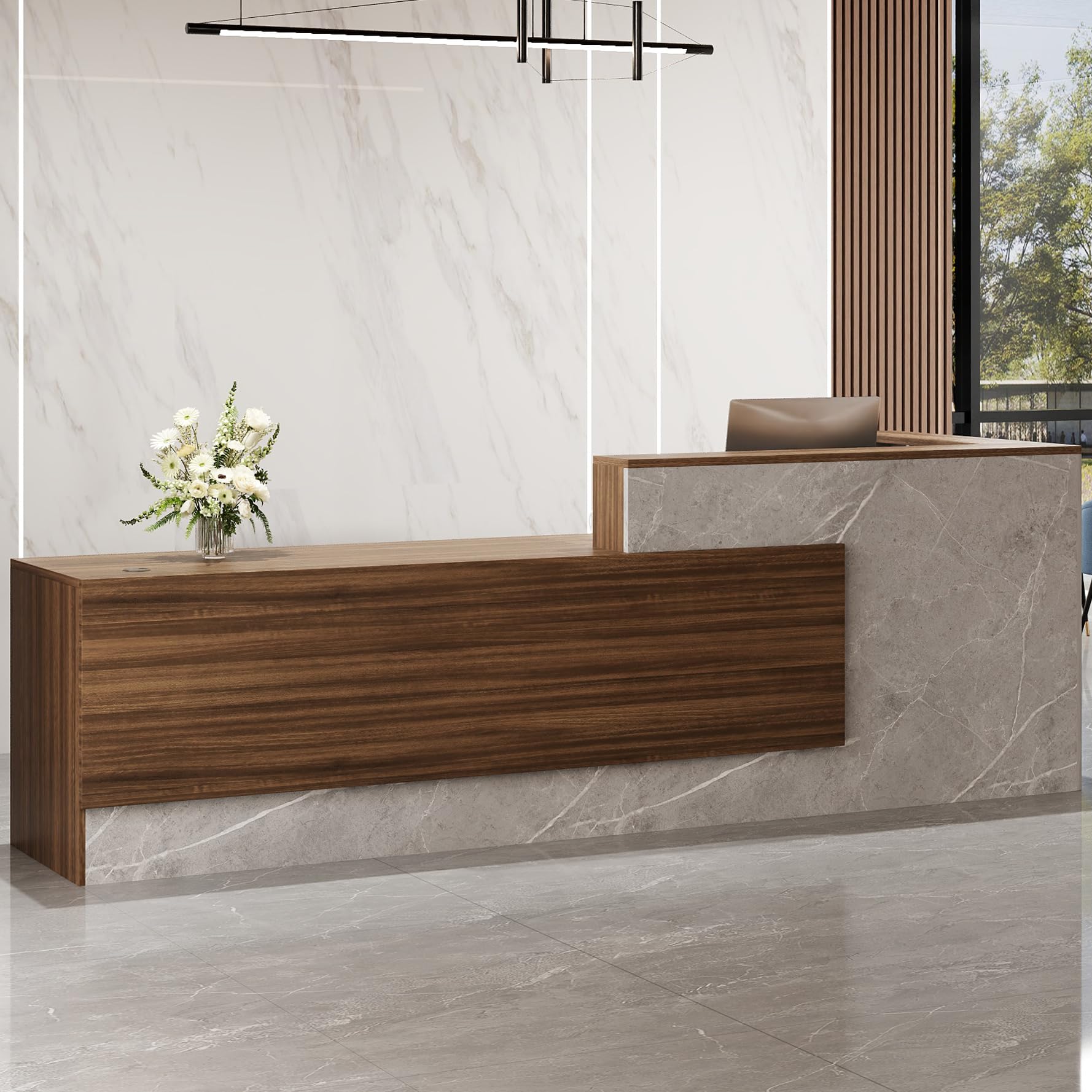 Modern L-Shaped Reception Desk 63x24x41 Inches - White & Light Brown Office Furniture for Corporate, Hotel, and Clinic Lobby