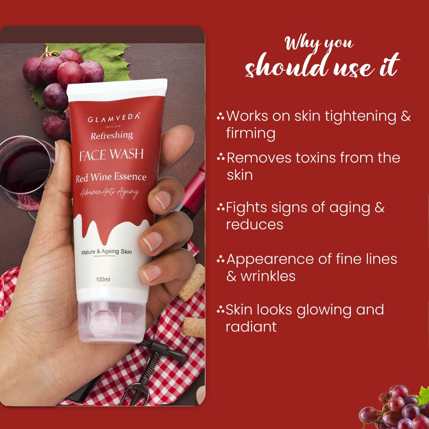 Glamveda Red Wine Anti-Aging Face Wash - Antioxidant Rich, Nourishing Facial Cleanser for Youthful Skin - Paraben & SLS Free - Pack of 2 - Perfect for Daily Skincare Routine & Anti-Wrinkle Care