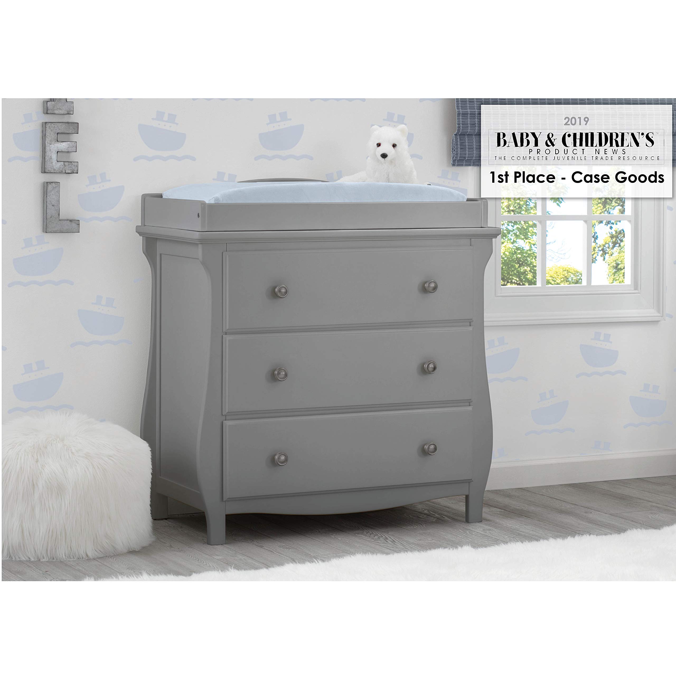 Delta Children Lancaster 3-Drawer Dresser with Changing Top - Greenguard Gold Certified Nursery Furniture, Gray - Perfect for Baby Room Organization & Diaper Changing Station