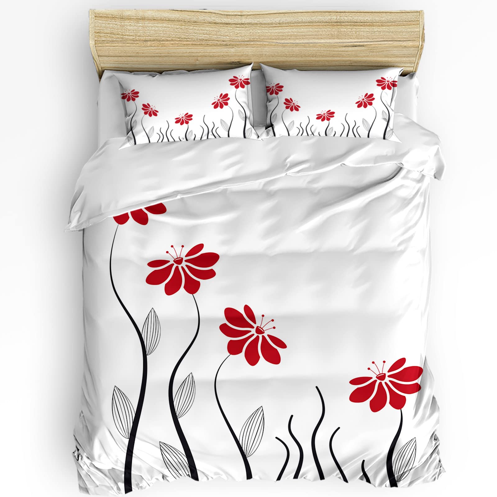 Seven Roses Spring Red Floral Duvet Cover Set - Queen Size, All-Season Microfiber Bedding with 2 Pillowcases - Simple Line Plant Leaf Design for Cozy Bedroom Decor | Perfect for Master Bedroom, Guest Room & Dormitory