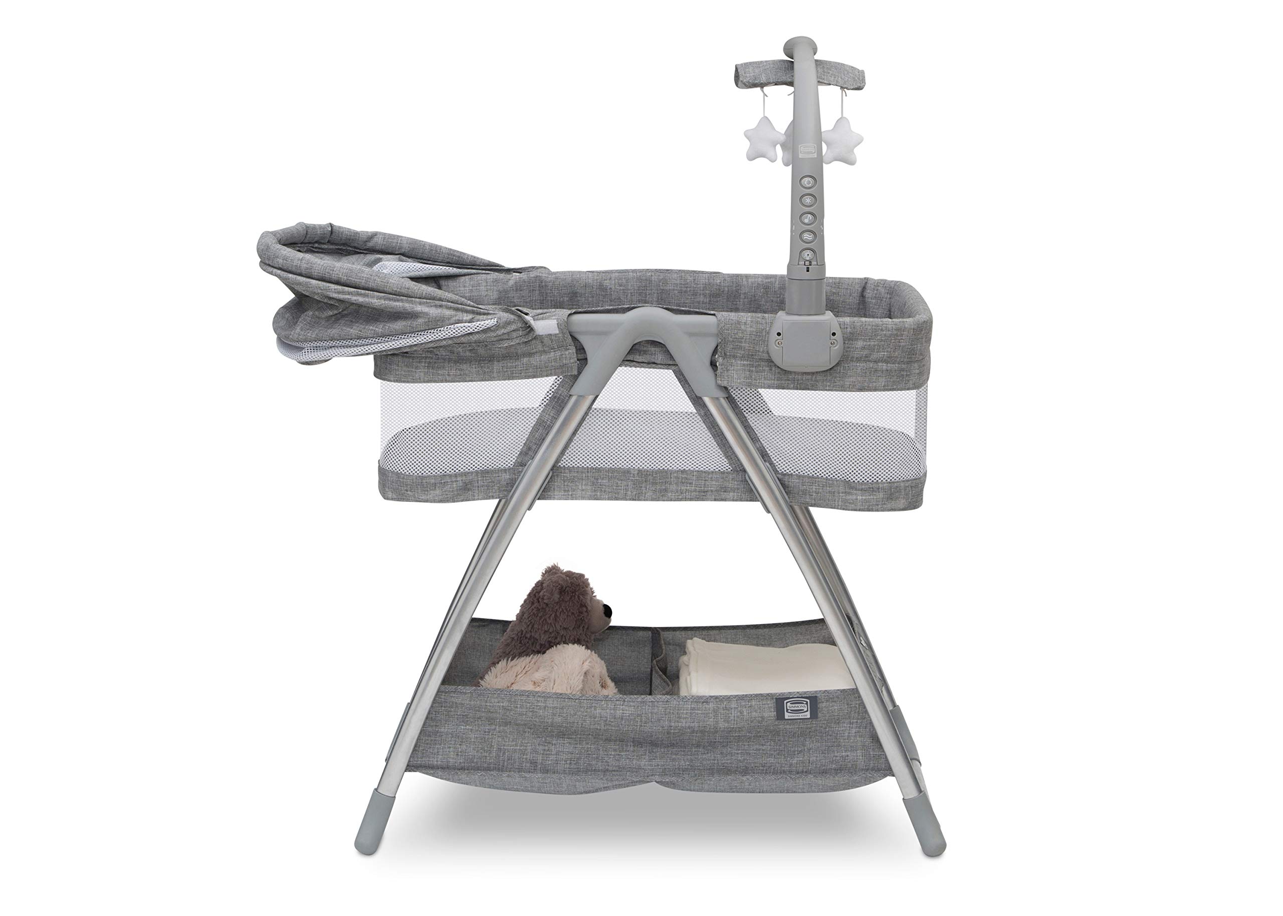 Simmons Kids City Sleeper Portable Bassinet & Bedside Crib with Nightlight, Vibration, Rotating Stars & Activity Mobile - Grey Tweed | Perfect for Newborns & Nursery Room Decor