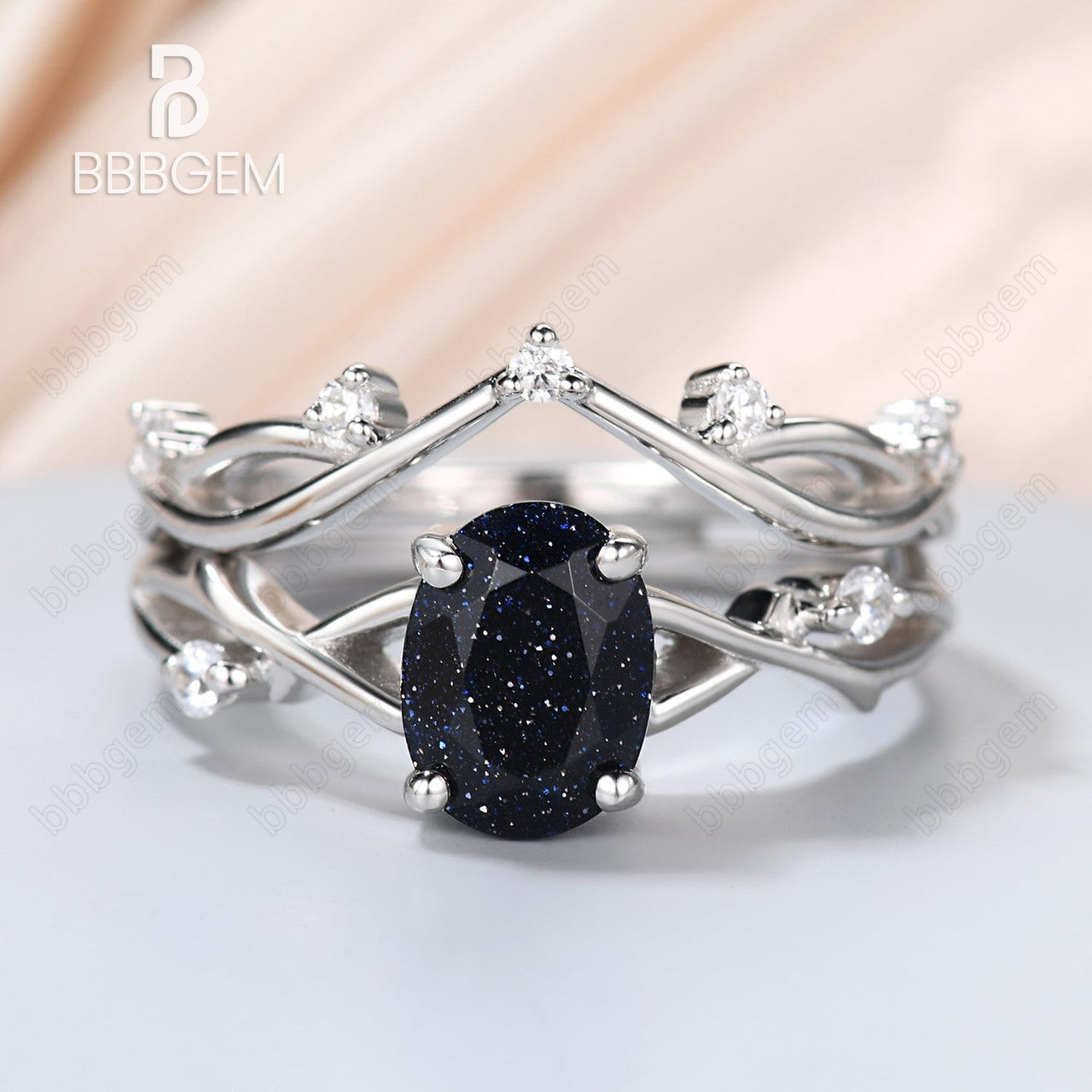 Oval Blue Sandstone Engagement Ring Set - 14K White Gold Solitaire Diamond Ring with Willow Twig Vine Design | Perfect for Proposals, Anniversaries & Wedding Jewelry