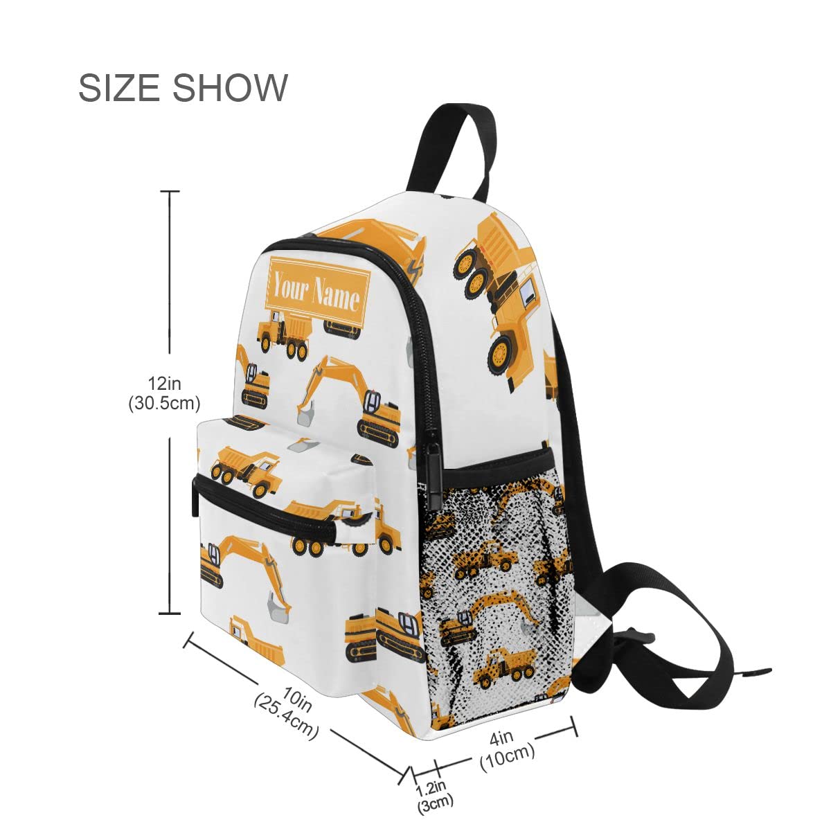 **Personalized Preschool Backpack with Adjustable Chest Strap - Custom Name/Text Daycare Bag for Kids | Durable Industrial Car, Excavator & Trucks Design on White Nursery Diaper Bag | Perfect for Daycare, Travel & Outdoor Adventures**