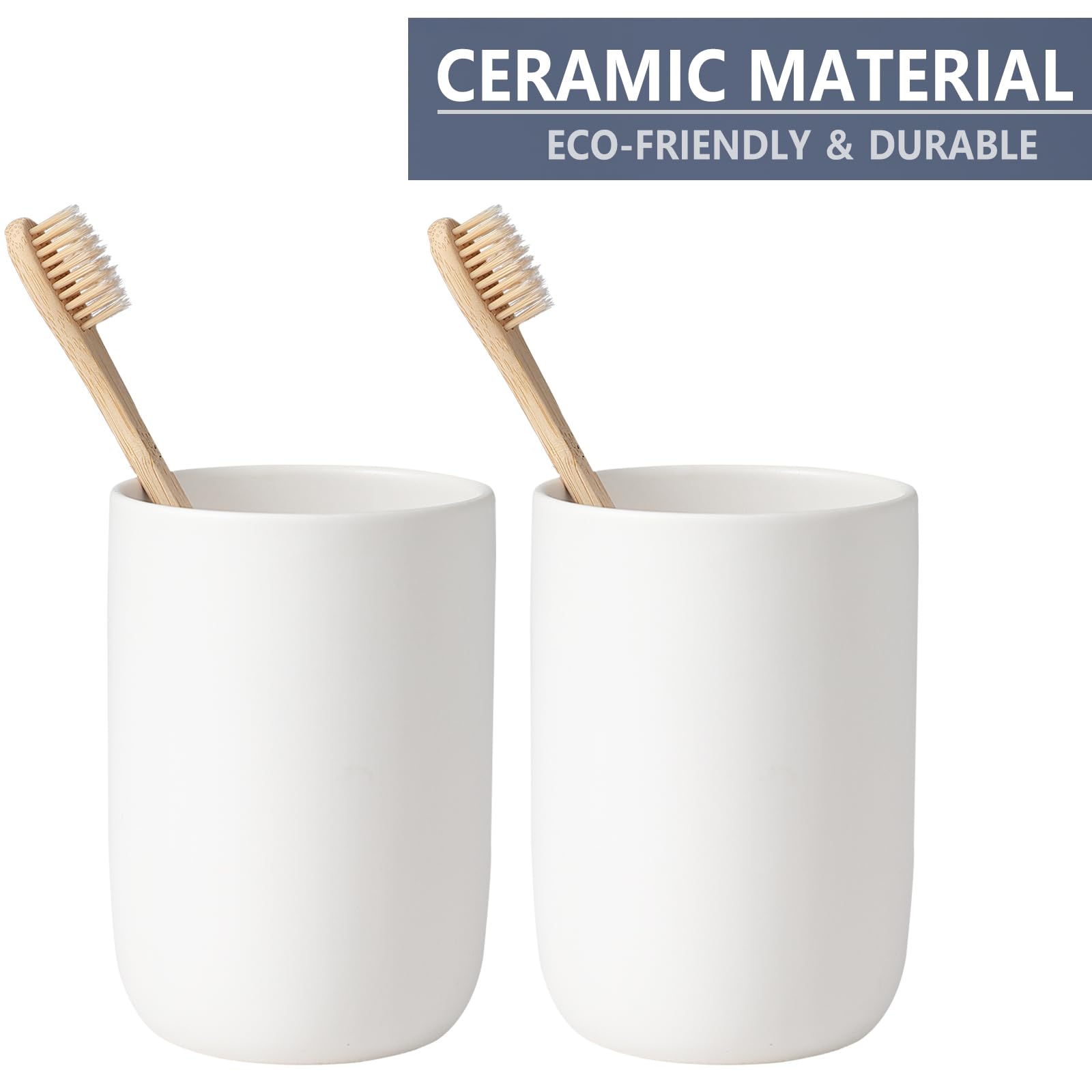 Ceramic Toothbrush Holder for Bathroom - White Reusable Toothbrush & Toothpaste Cup with Mouthwash Compartment | Bathroom Counter Organizer for Sink, Vanity & Shower Organization