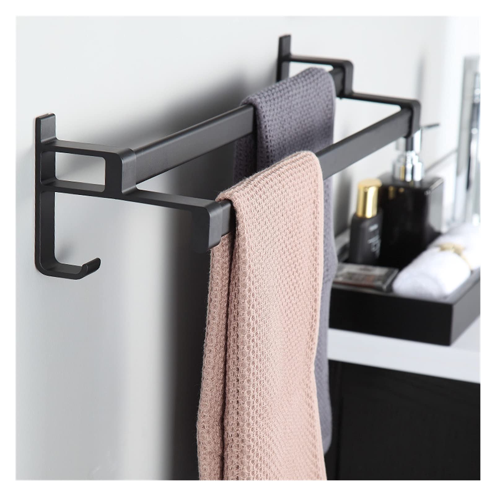 VRONO Double Pole 50cm Black Bathroom Towel Rack - Wall Mounted Towel Holder, Shelf & Ladder for Toilet & Shower Organization - Rust-Free Space Saving Design for Modern Homes