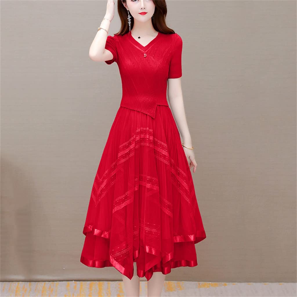 Elegant Sweet Chiffon Asymmetrical Summer Dress for Women - Flowy Midi Length Short Sleeve Ladies Robe (Red, Size XL) | Perfect for Beach Cover-ups, Vacation Wear & Casual Outings