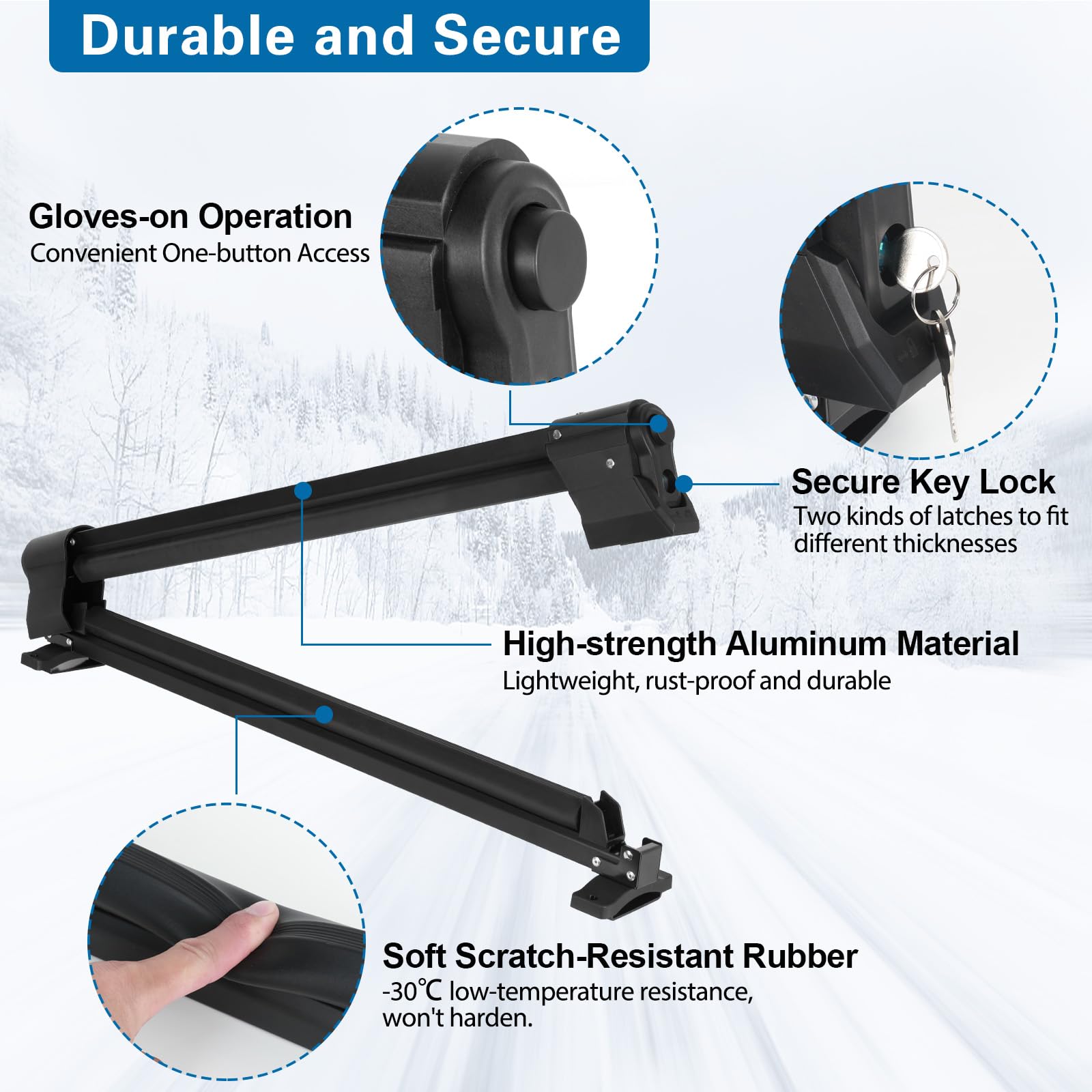 Heavy-Duty Aluminum Ski and Snowboard Rack for Roof Rack - Extended Version with Key Lock Security Holds 6 Pairs of Skis or 4 Snowboards - Perfect for Winter Sports, Mountain Trips, and SUV/Car Roof Storage (Black)