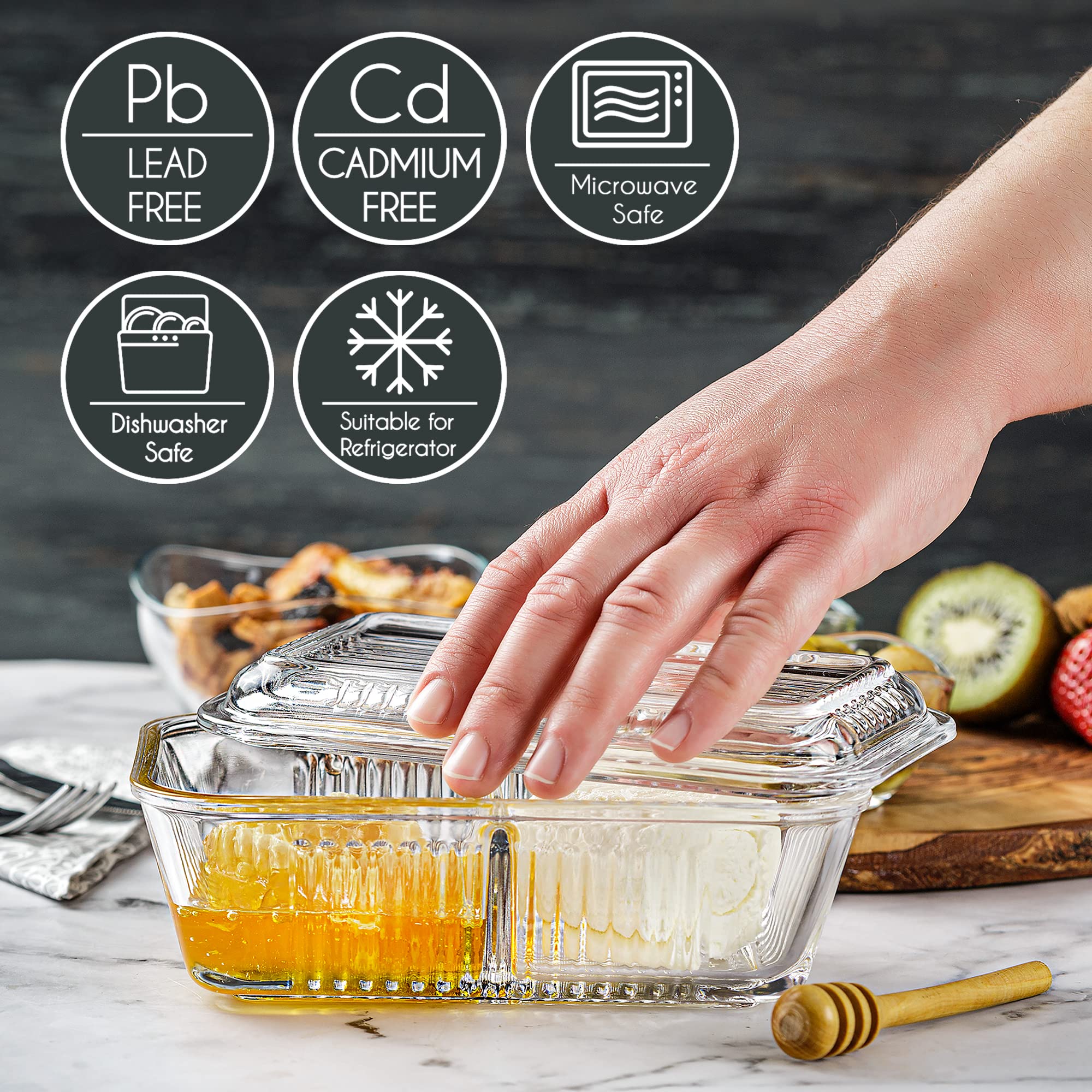 Crystalia 2-Compartment Glass Food Storage Containers with Lids - 13.7 oz Divided Meal Prep Containers for Butter, Honey, Lunch, Snacks & Leftovers - Perfect for Kitchen Organization, Meal Prepping & On-the-Go Lunches