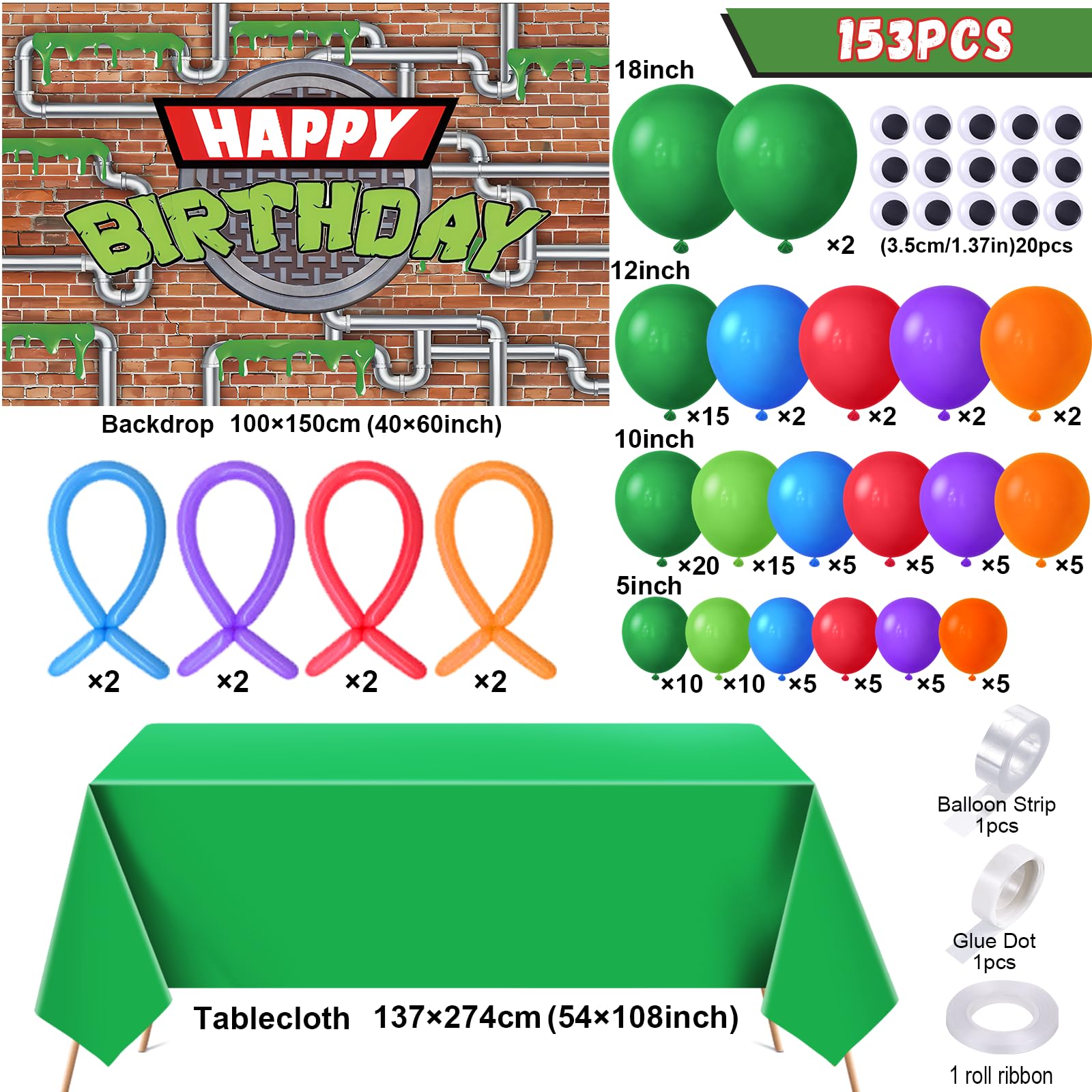 153Pcs Green Turtle Birthday Party Decorations Kit - Balloon Arch, Backdrop, Tablecloth, Googly Eye Balloons for Kids & Teens - Perfect for Girls & Boys Video Game Cartoon Themed Parties - Great for Indoor & Outdoor Birthday Celebrations, Baby Showers & Family Events