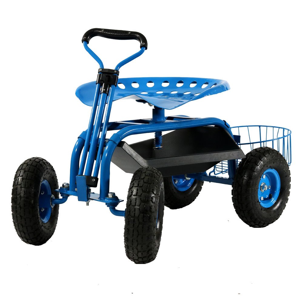 Sunnydaze Rolling Garden Stool with Wheels - Extendable Steer Handle, Swivel Seat & Utility Tool Tray - Blue Outdoor Gardening Seat for Planting, Weeding & Yard Work