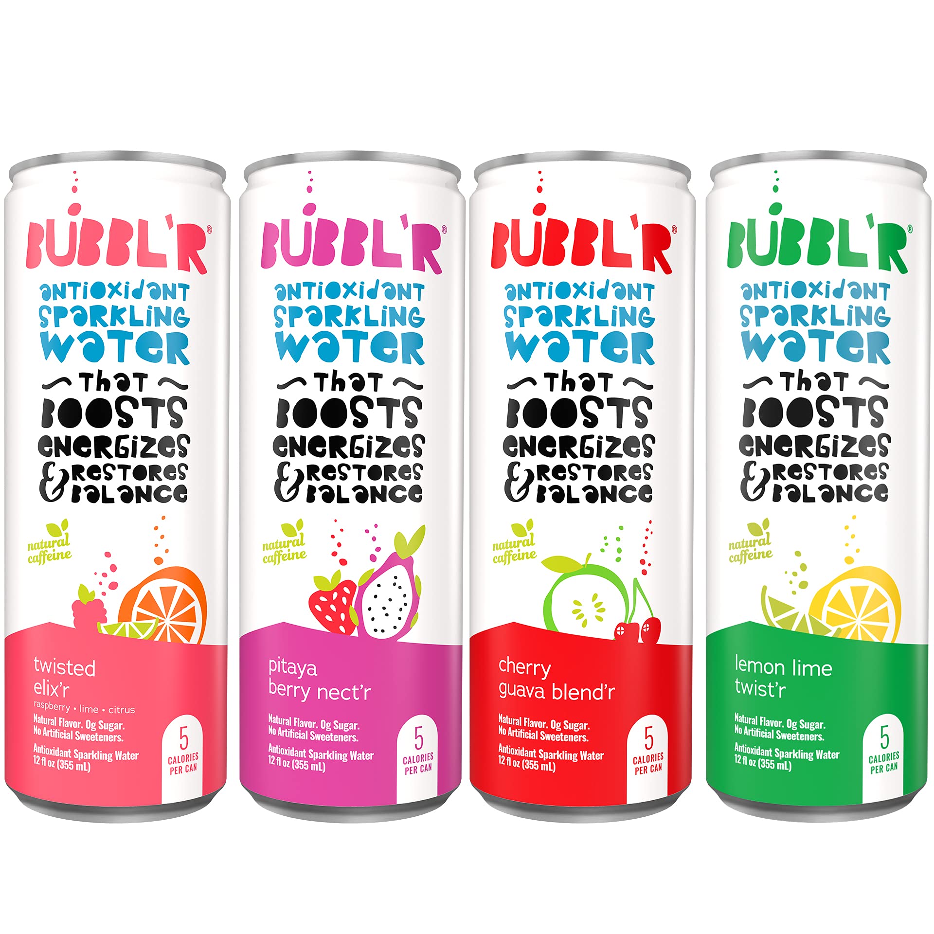 BUBBL'R Antioxidant Sparkling Water Variety Pack - 24 Cans (12 fl oz Each) | Twisted Elixi'r, Pitaya Berry Nect'r, Cherry Guava Blend'r & Lemon Lime Twist'r | Refreshing Hydration for Workouts, Parties & Healthy Lifestyle