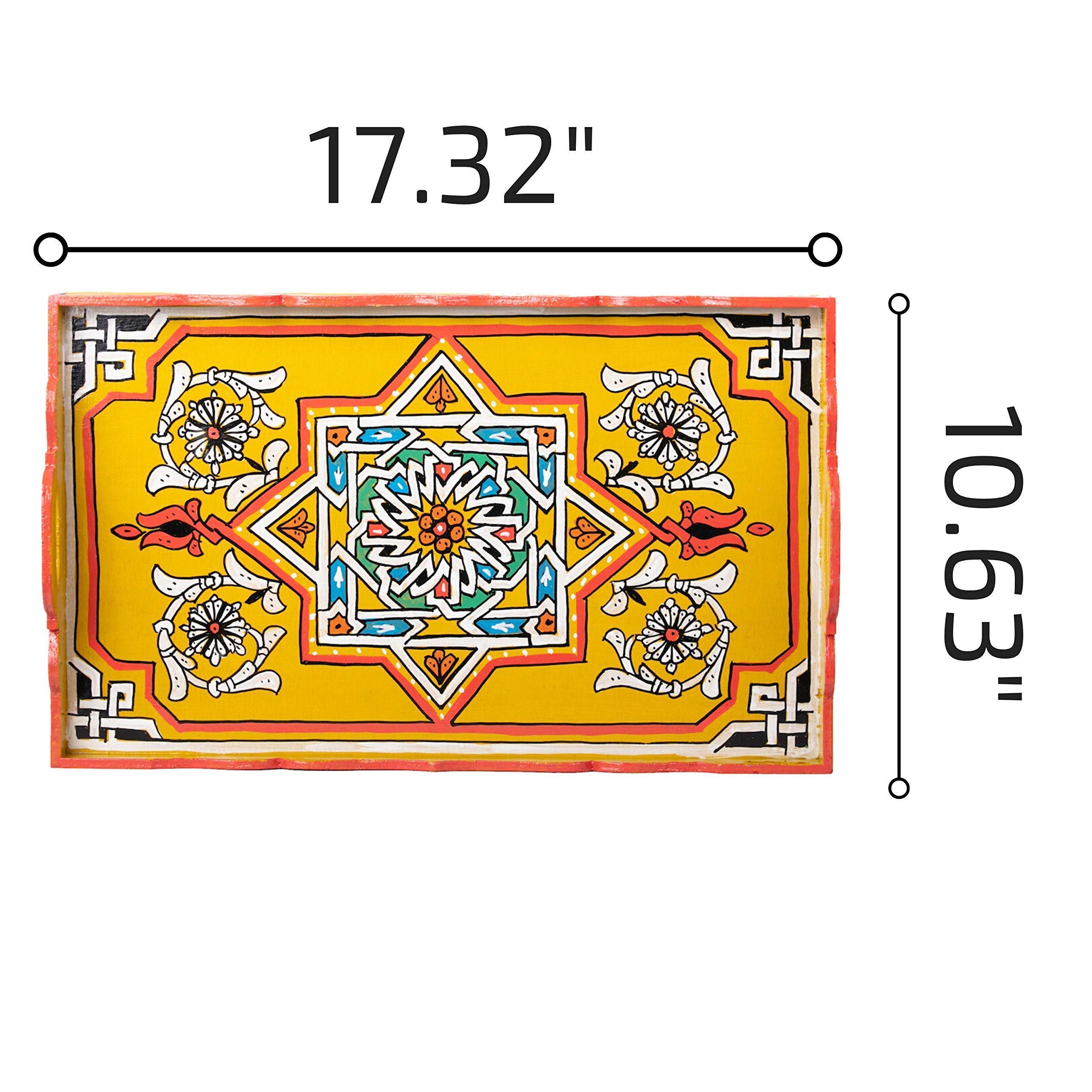 Hand Painted Moroccan White Decorative Serving Tray - Waterproof Acrylic Painting Bohemian Arabesque Home Decor (Yellow) | Perfect for Coffee Table Display, Gift Giving & Boho Chic Home Styling