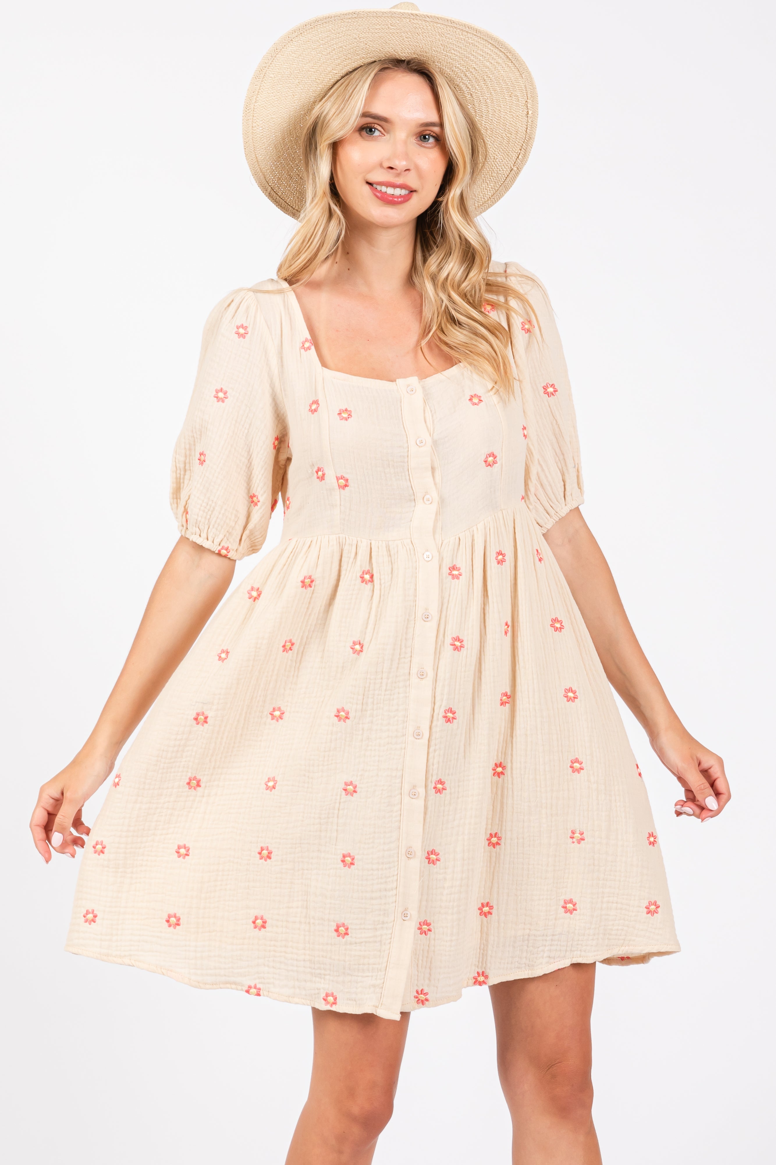 Beige Floral Embroidered Short Sleeve Summer Dress for Women - Casual Button Front Sundress for Beach, Vacation & Outdoor Activities