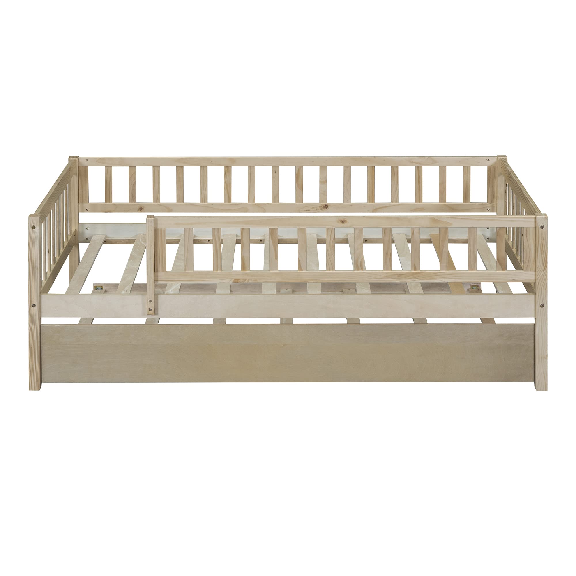 Montessori Twin Size Wooden Toddler Daybed with Safety Fence & Trundle - Low Bed Frame with Guard Rails for Kids, Boys & Girls - Natural Wood Finish - Perfect for Daytime Naps, Playroom & Montessori Bedrooms